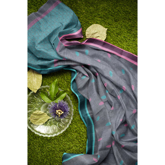 Antara - Grey body with Pink and Sea Green Buta and Pallu Pure Cotton Handloom Saree
