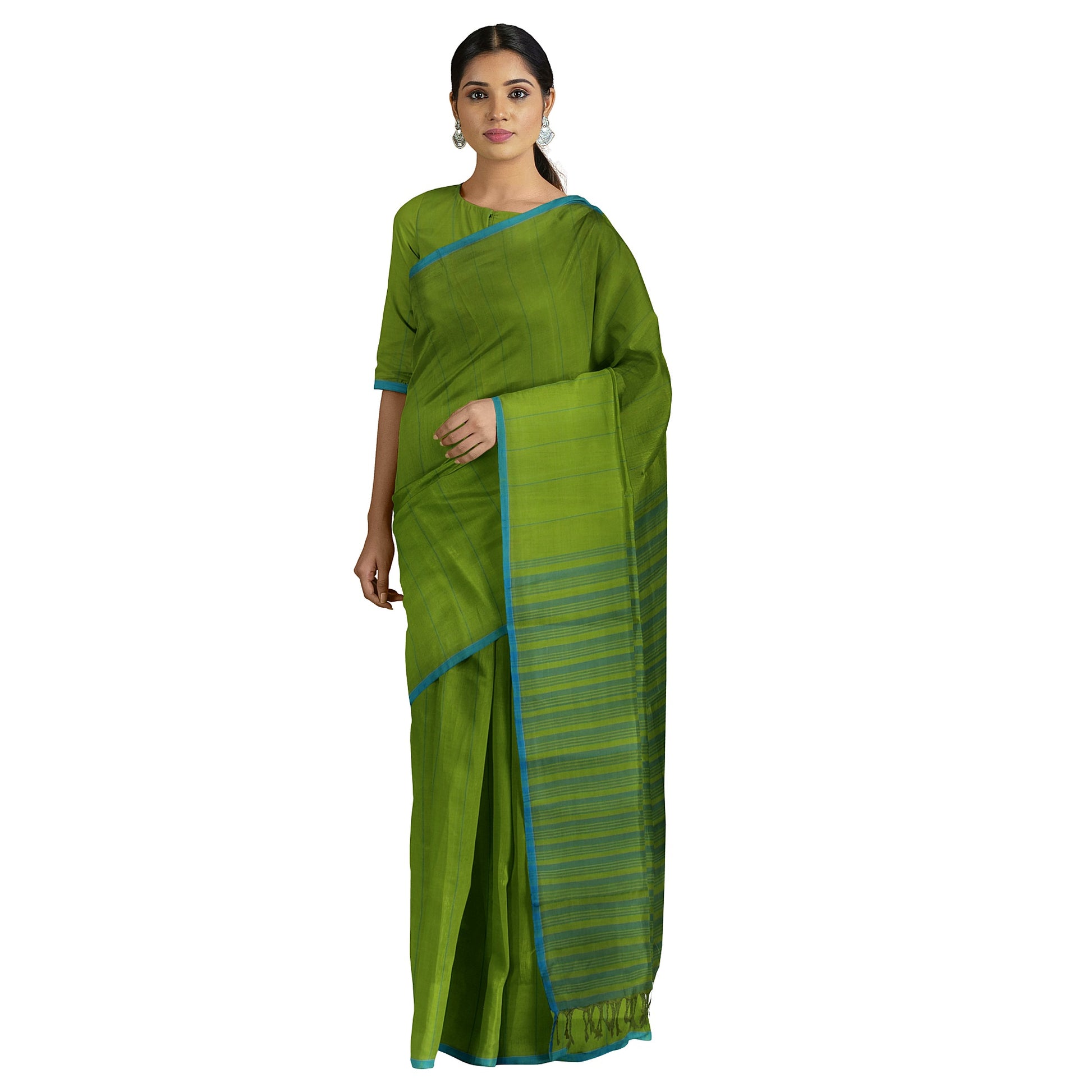 Kabini - Green with Blue Border and Pallu Pure Cotton Handloom freeshipping - Shreni Samudaya