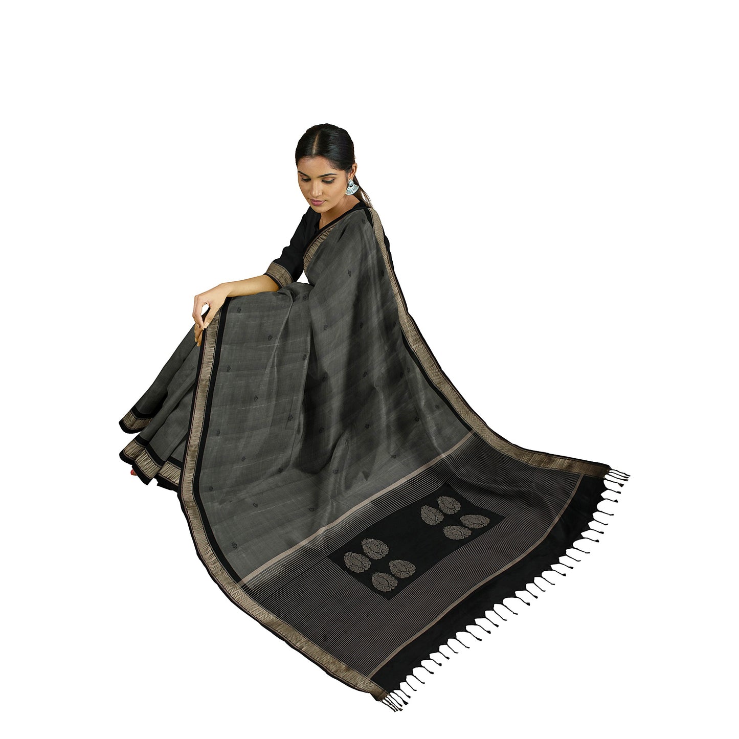 Suradha - Grey with Black Box Pallu Pure Silk Handloom Saree