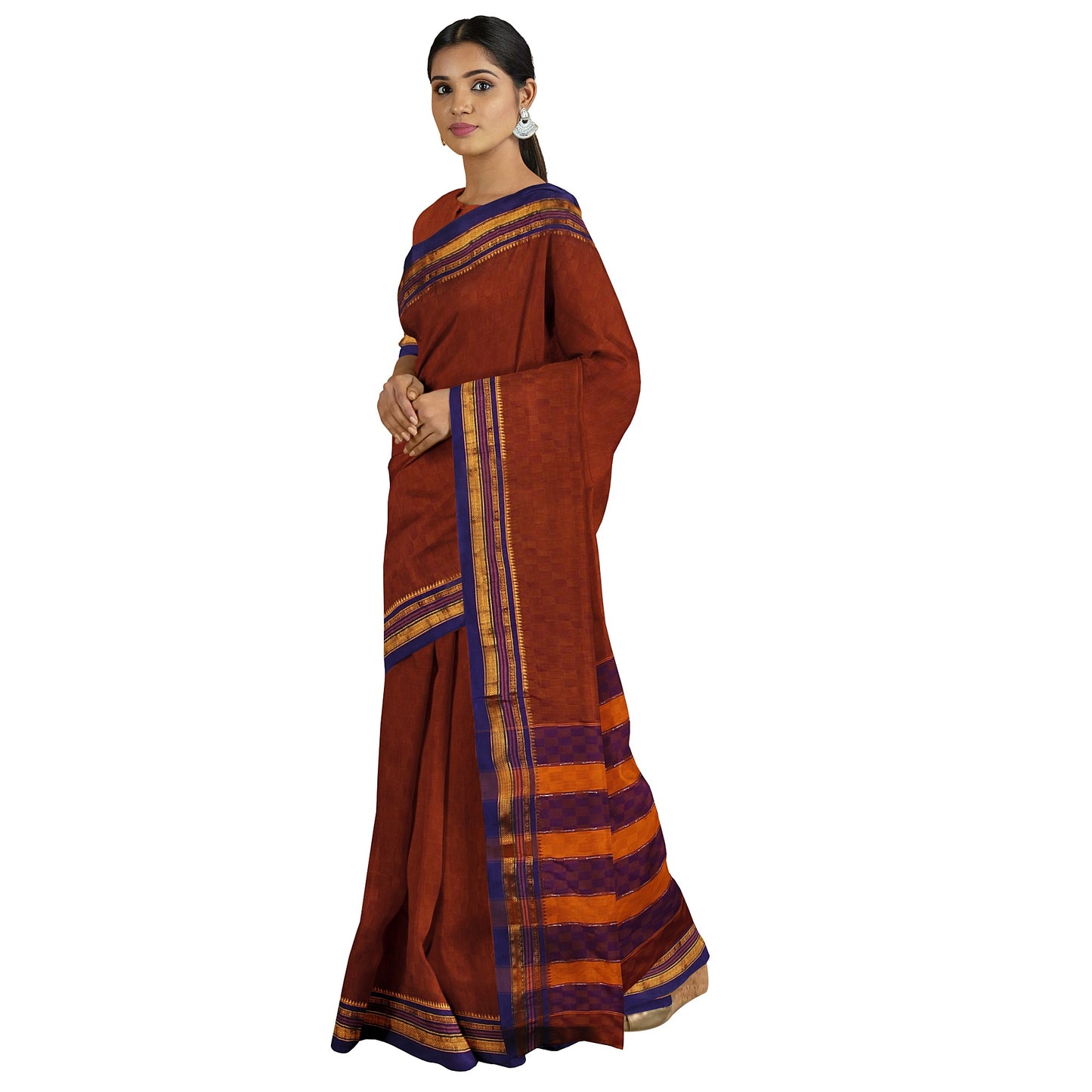 Ambuja Soft Mercerized Cotton saree - Brown with Blue border