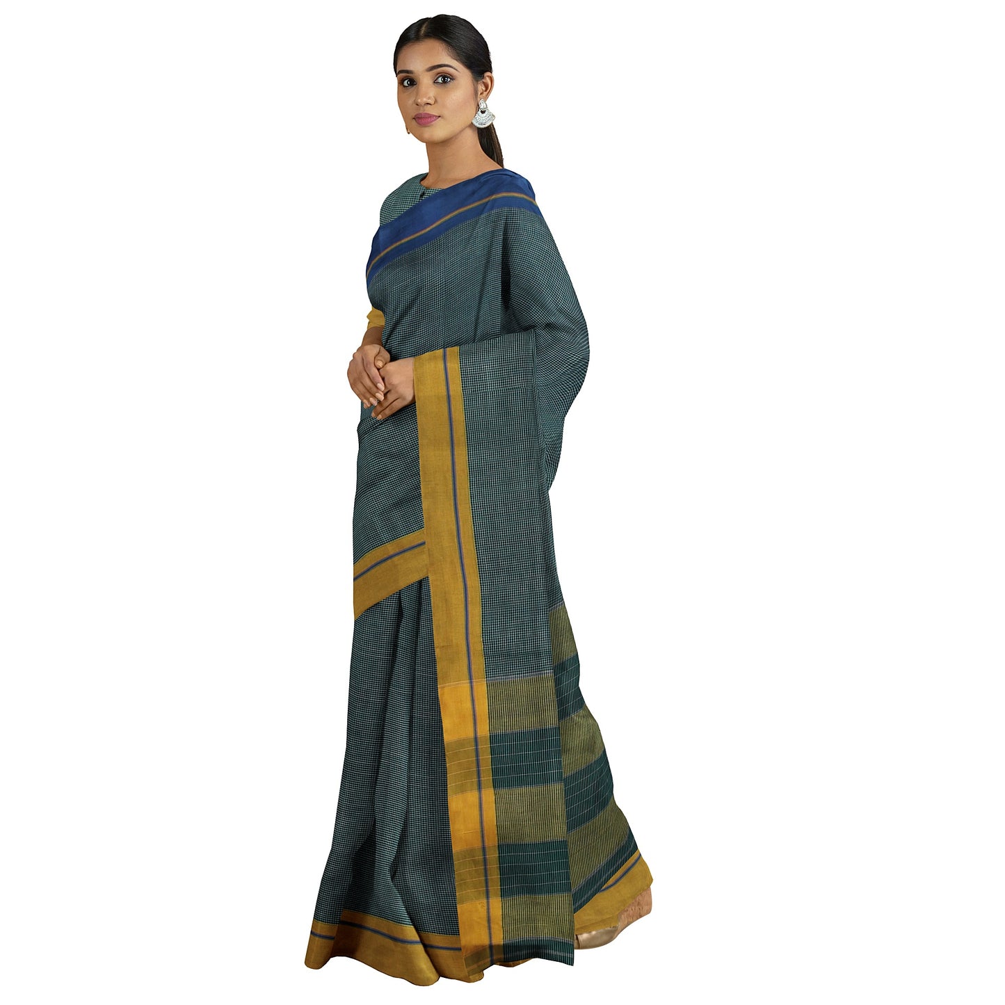 Patteda Anchu - Checkered Pure Cotton Handloom Saree - Green checks with Yellow and Blue Ganga Jamuna Border