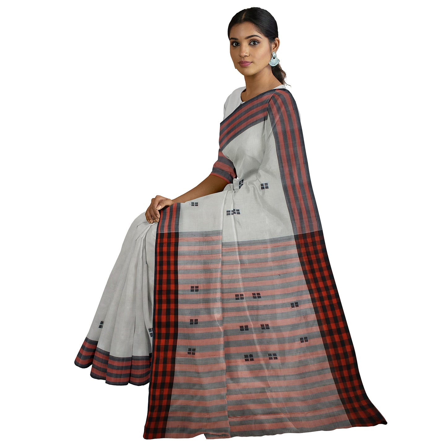 Archa - White Pure Cotton Handloom with Handturned Buta and Stripes Border and Pallu