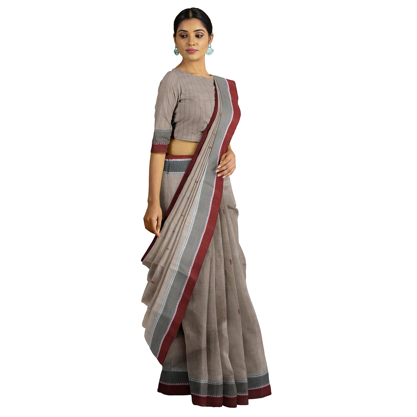 Kavya - Cream with Maroon Buta and Grey Double Border Pure Cotton Handloom Saree freeshipping - Shreni Samudaya