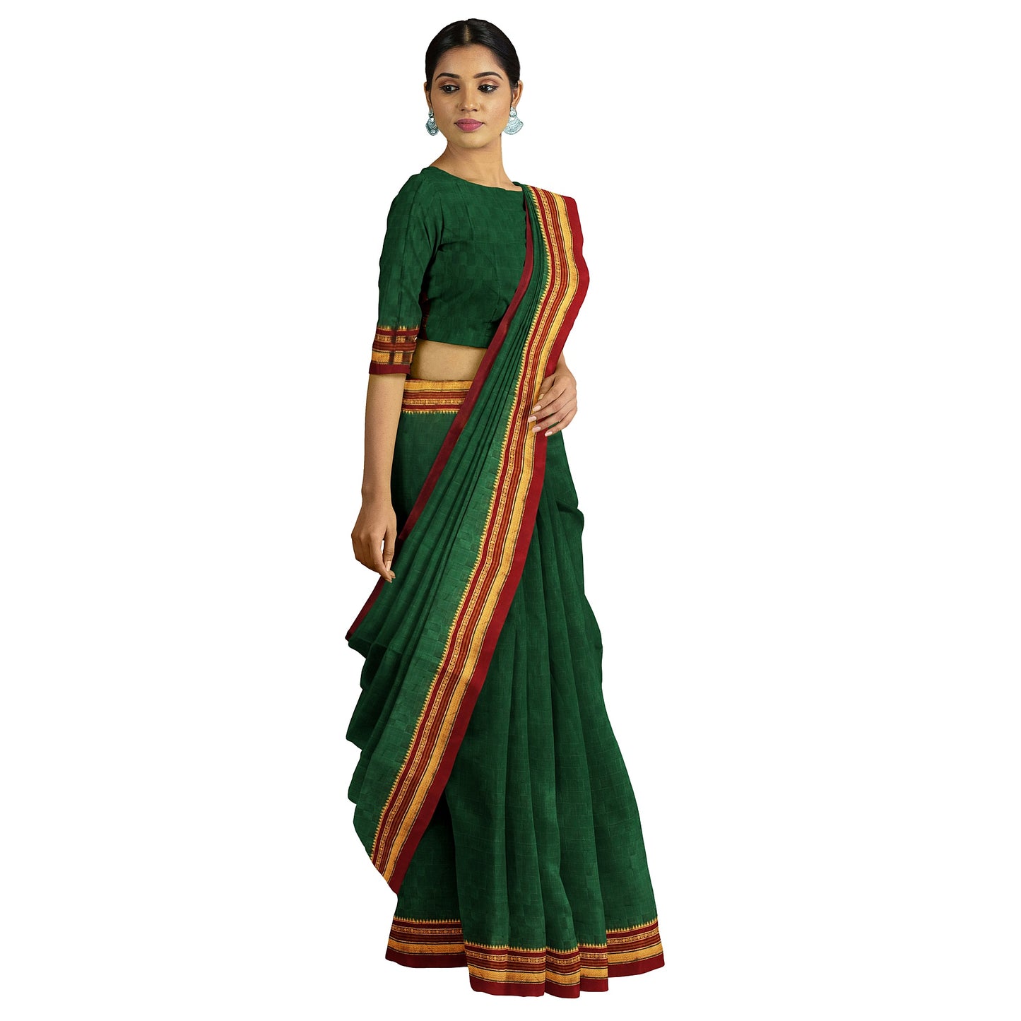 Ambuja Soft Mercerized Cotton saree - Dark Green with Maroon border