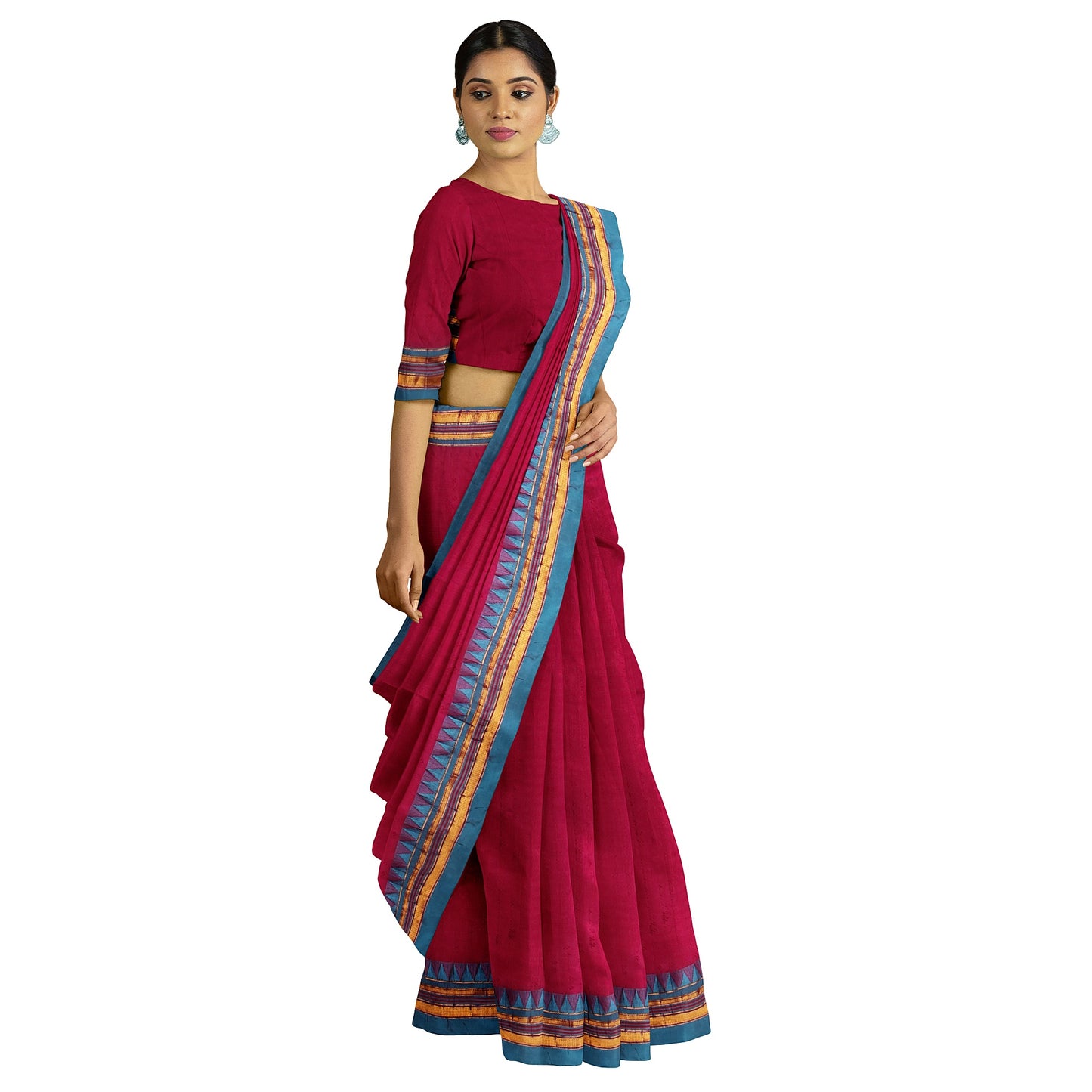 Ambuja Soft Mercerized Cotton saree - Dark Pink with Blue border