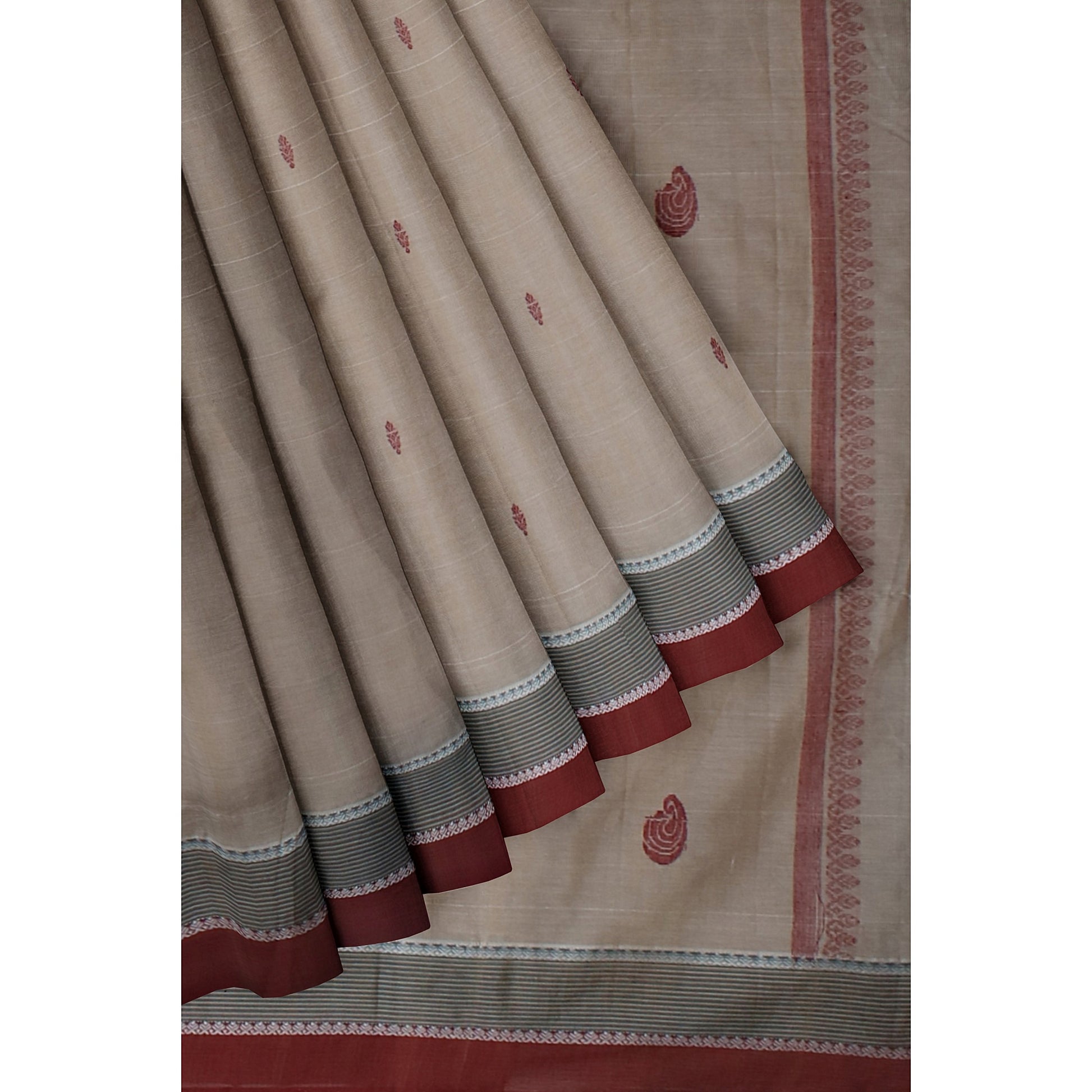 Kavya - Cream with Maroon Buta and Grey Double Border Pure Cotton Handloom Saree freeshipping - Shreni Samudaya