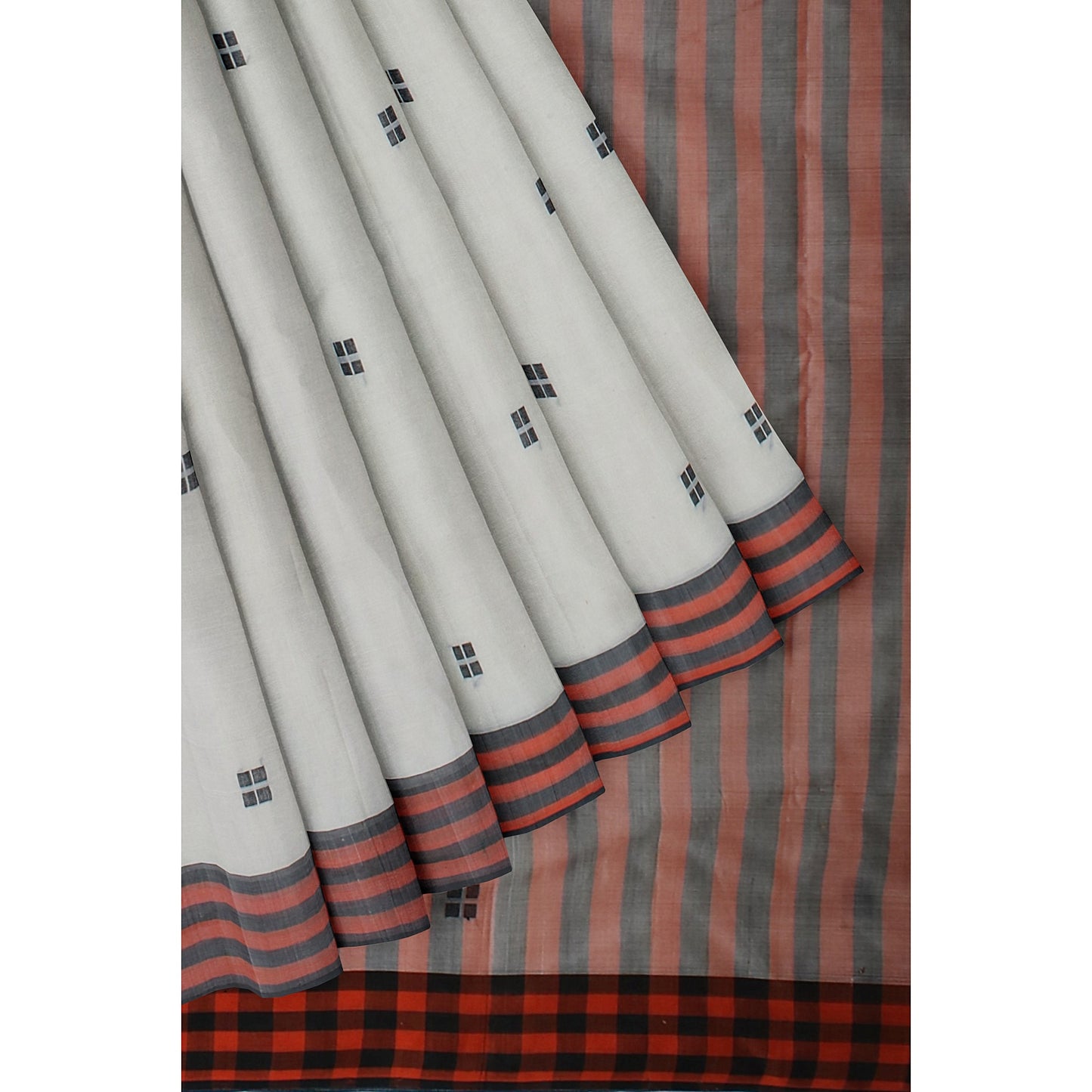 Archa - White Pure Cotton Handloom with Handturned Buta and Stripes Border and Pallu