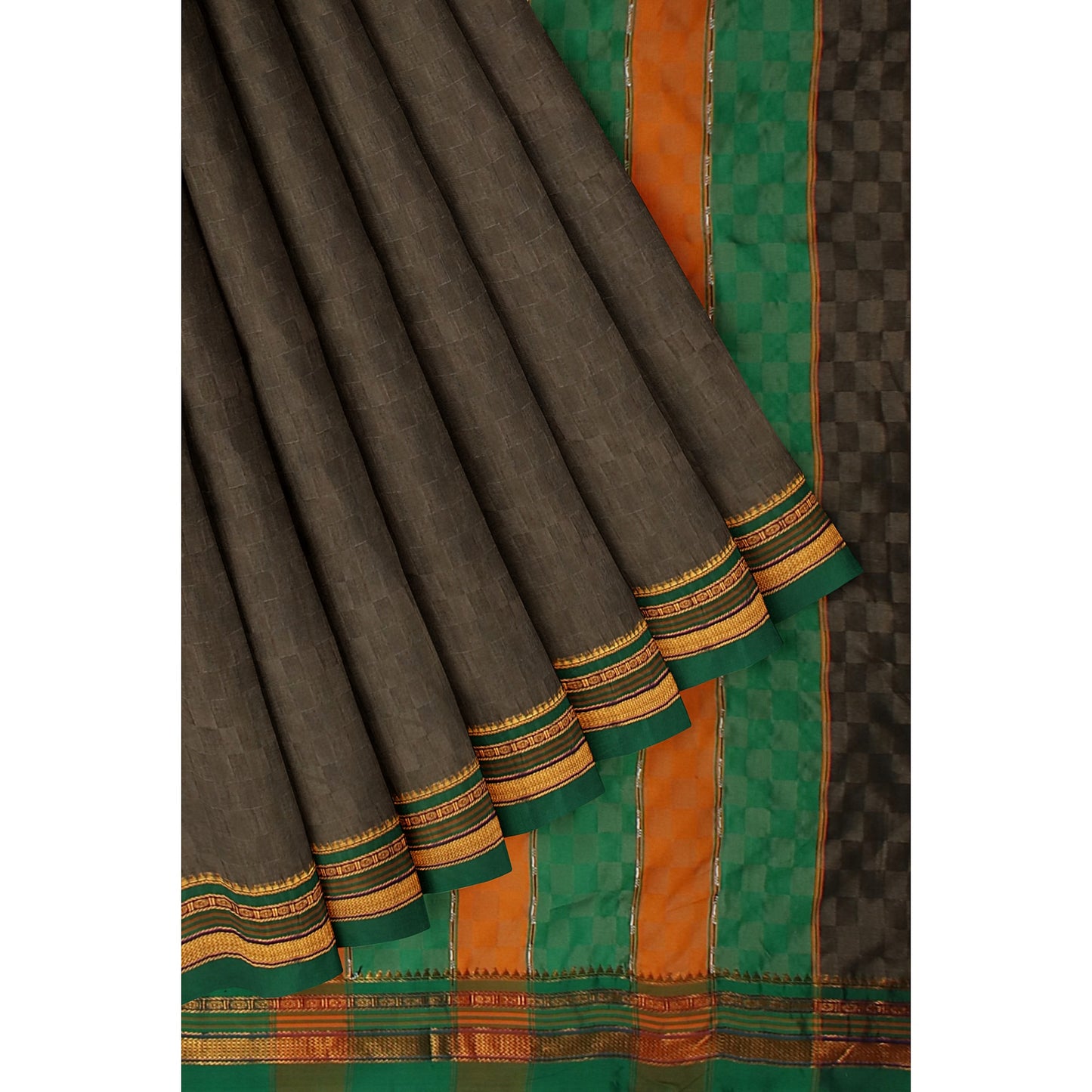 Ambuja Soft Mercerized Cotton saree - Dark Grey with Green border