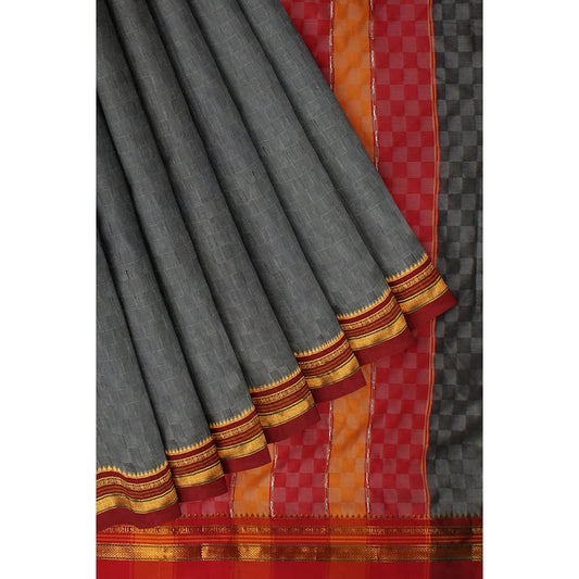 Ambuja Soft Mercerized Cotton saree - Grey with Maroon border