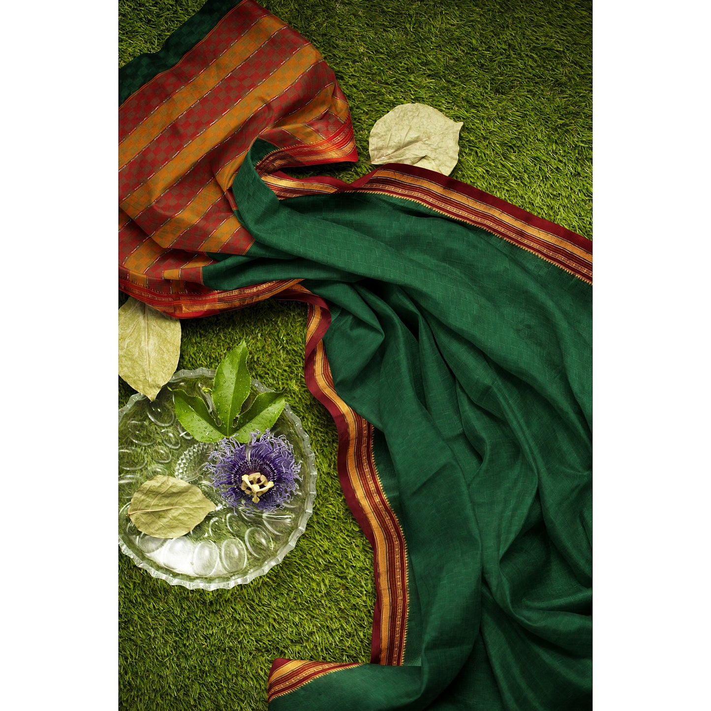 Ambuja Soft Mercerized Cotton saree - Dark Green with Maroon border