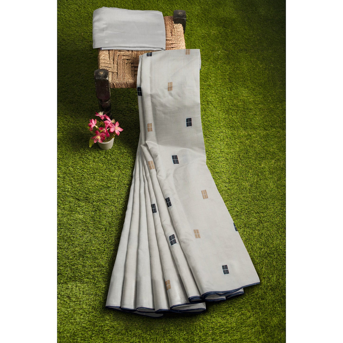Sukhada - Pure Cotton Handloom Saree with Handturned Buta and Jute Striped Pallu - Grey