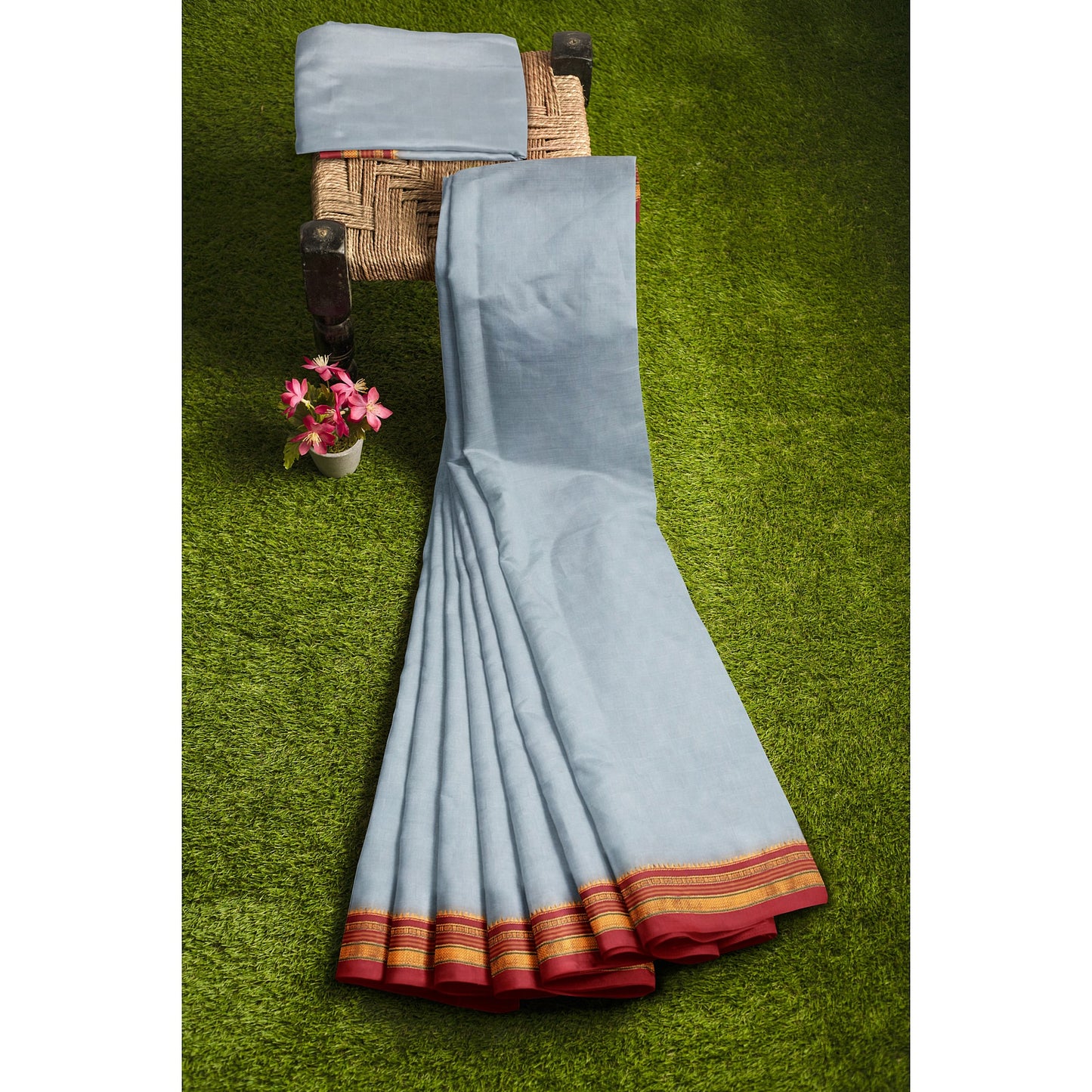 Ambuja Soft Mercerized Cotton saree - Light Blue with Red border