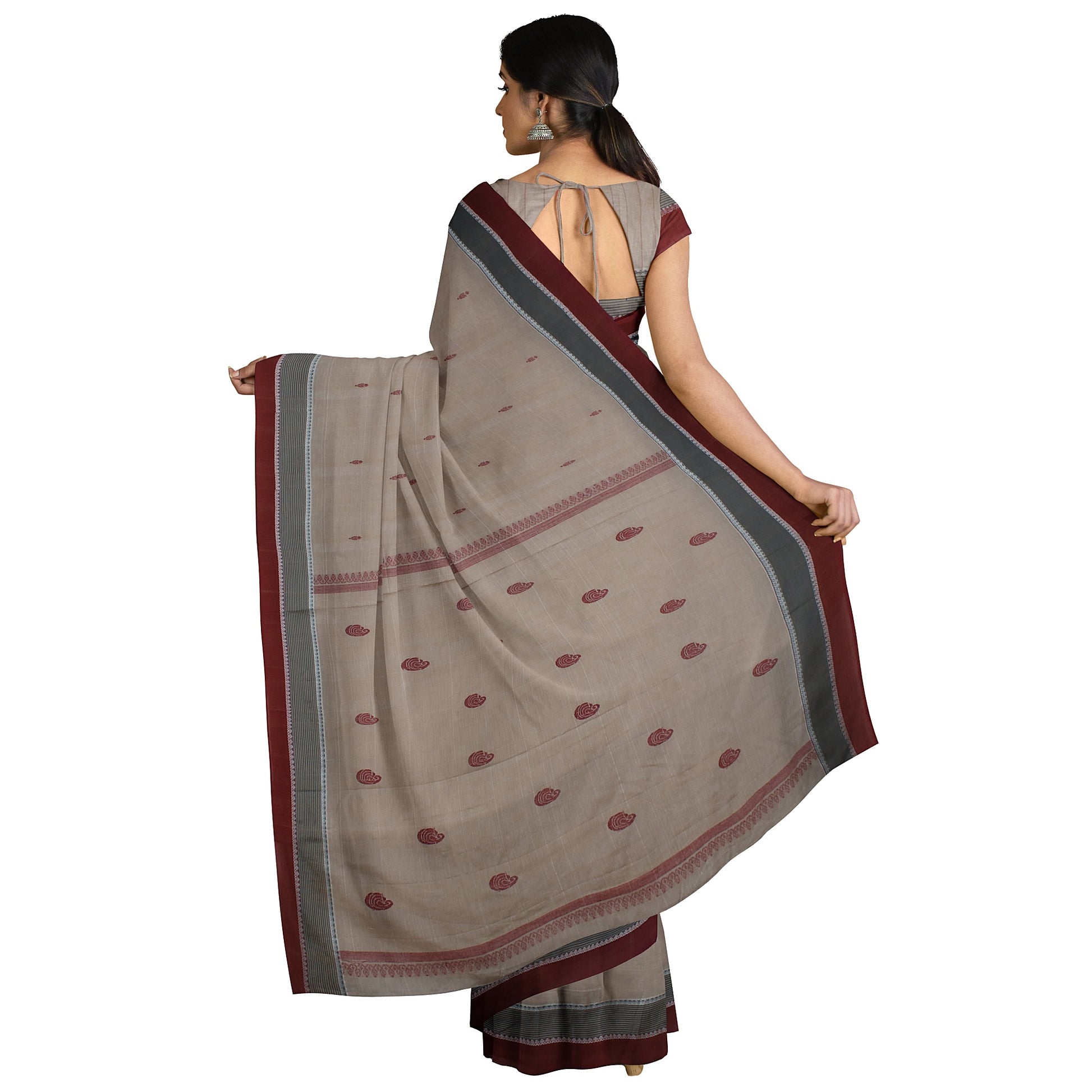 Kavya - Cream with Maroon Buta and Grey Double Border Pure Cotton Handloom Saree freeshipping - Shreni Samudaya