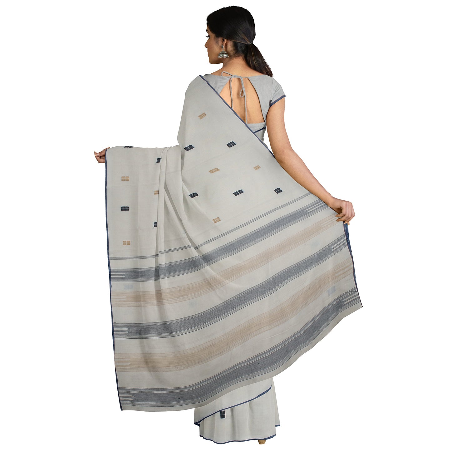 Sukhada - Pure Cotton Handloom Saree with Handturned Buta and Jute Striped Pallu - Grey