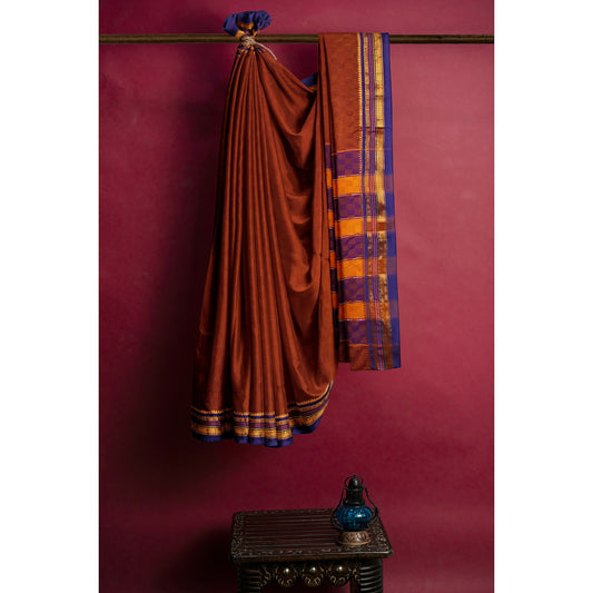 Ambuja Soft Mercerized Cotton saree - Brown with Blue border