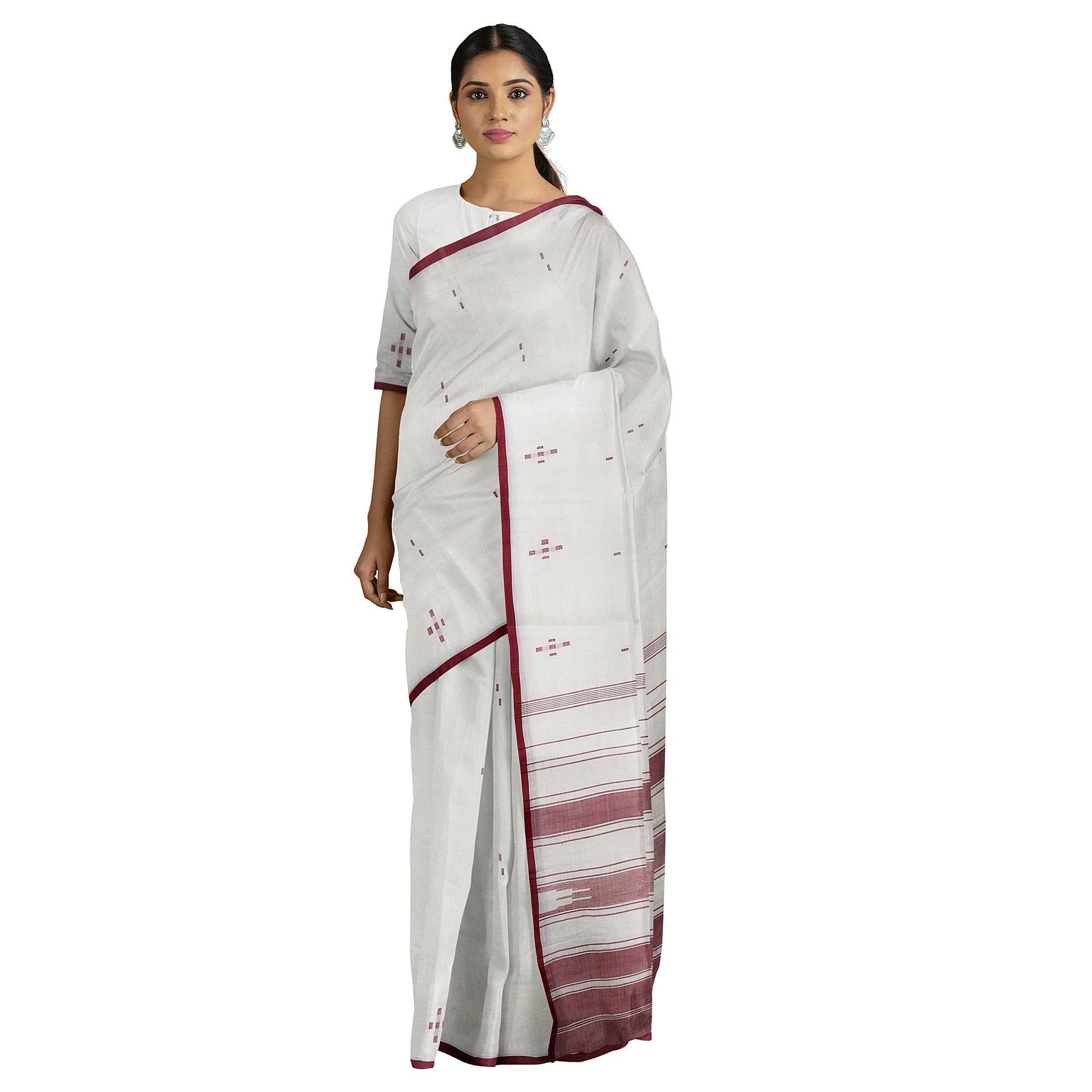 Pushya - Maroon Pure Cotton Handloom Saree with Handturned Buta freeshipping - Shreni Samudaya