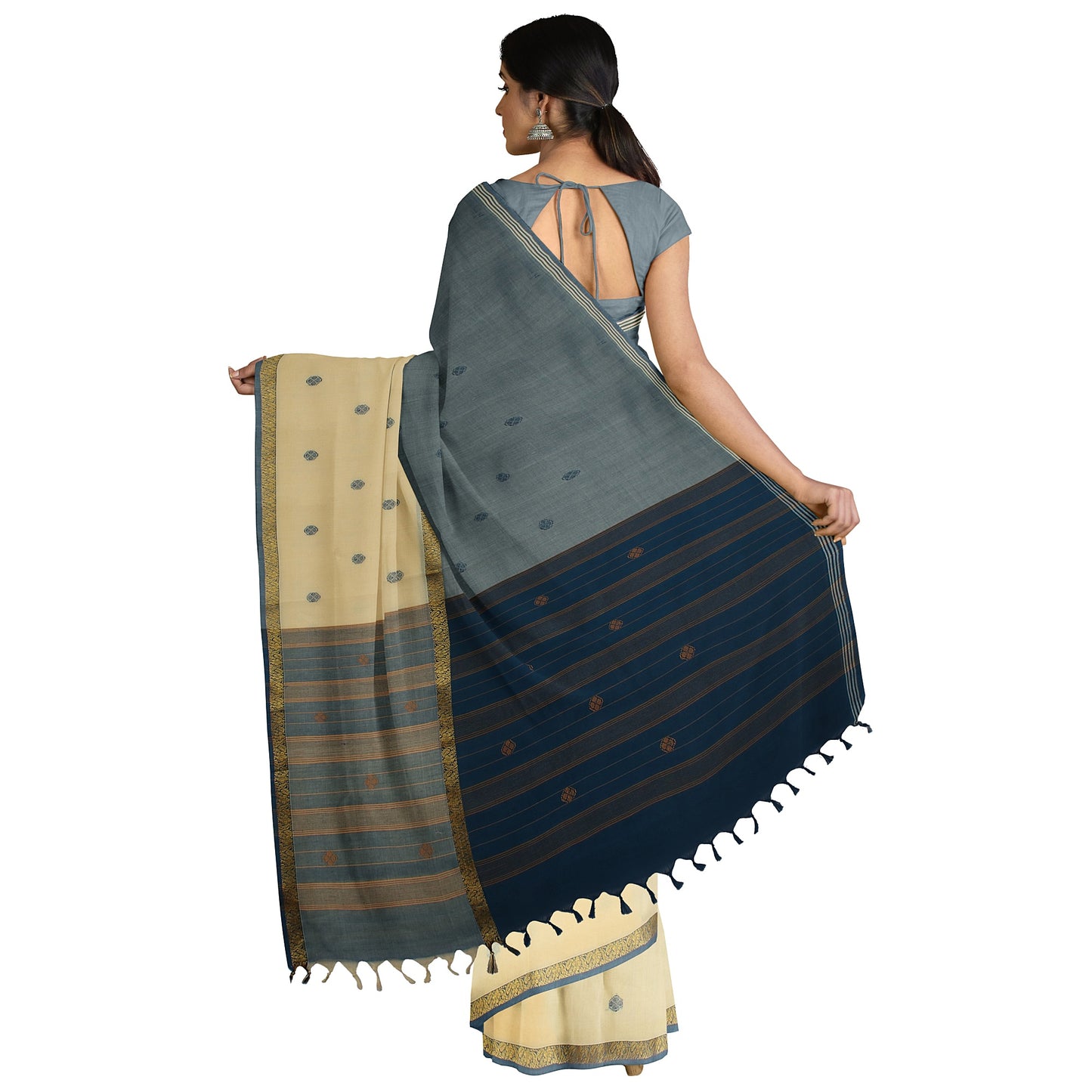 Pochampally Ikat Double Border Block Pure Cotton Handloom Saree - With Zari freeshipping - Shreni Samudaya