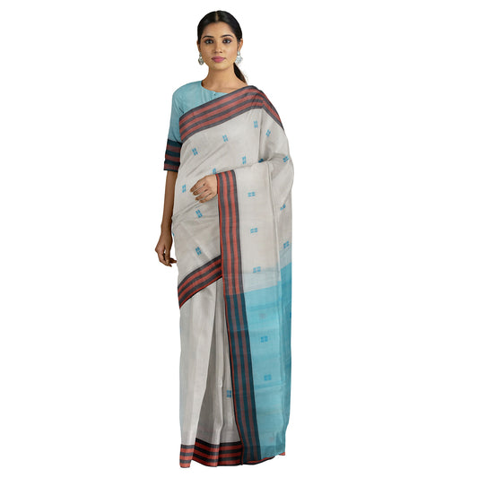 Archa - Blush Pure Cotton Handloom with Handturned Buta and Stripes Border and Blue Pallu