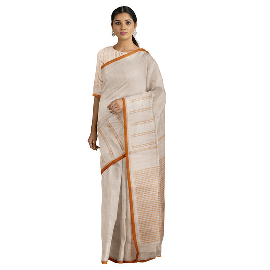 Pushya - Orange Pure Cotton Handloom Saree with Handturned Buta freeshipping - Shreni Samudaya