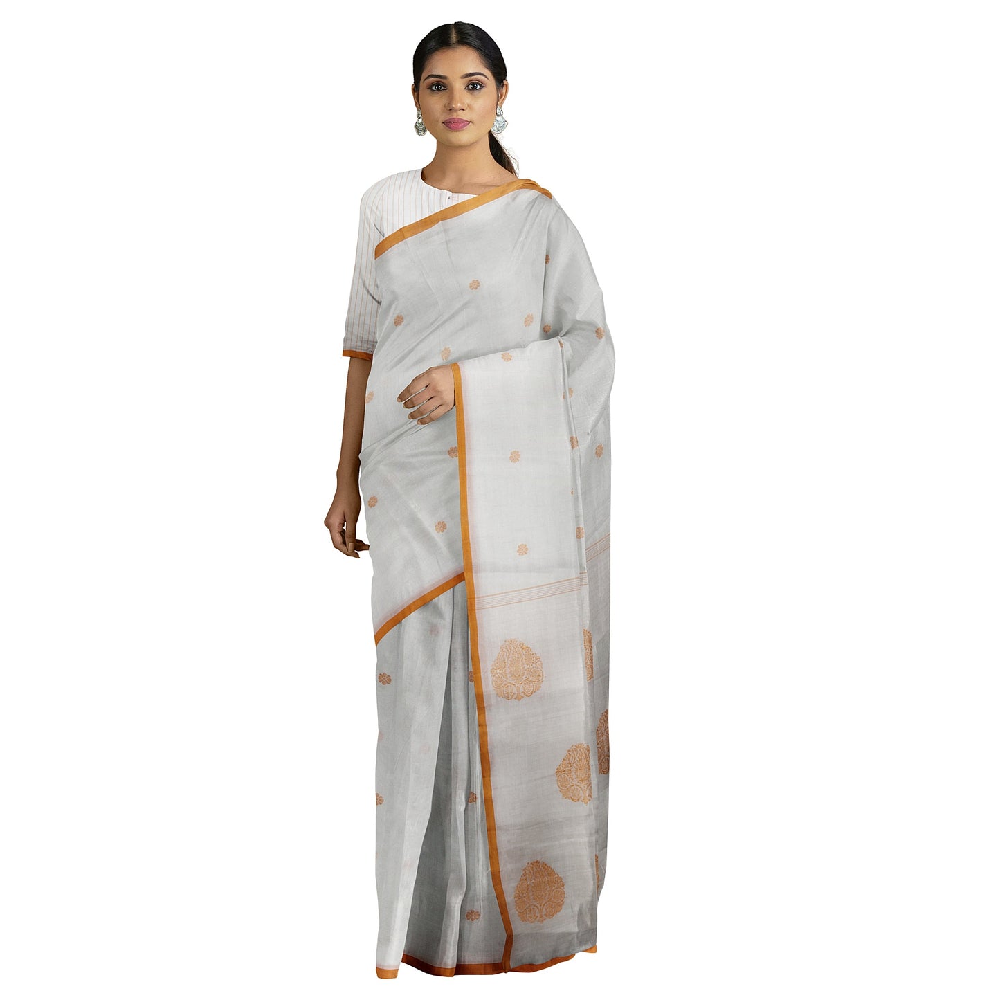 Pushya - Orange Pure Cotton Handloom Saree Kora Cotton freeshipping - Shreni Samudaya