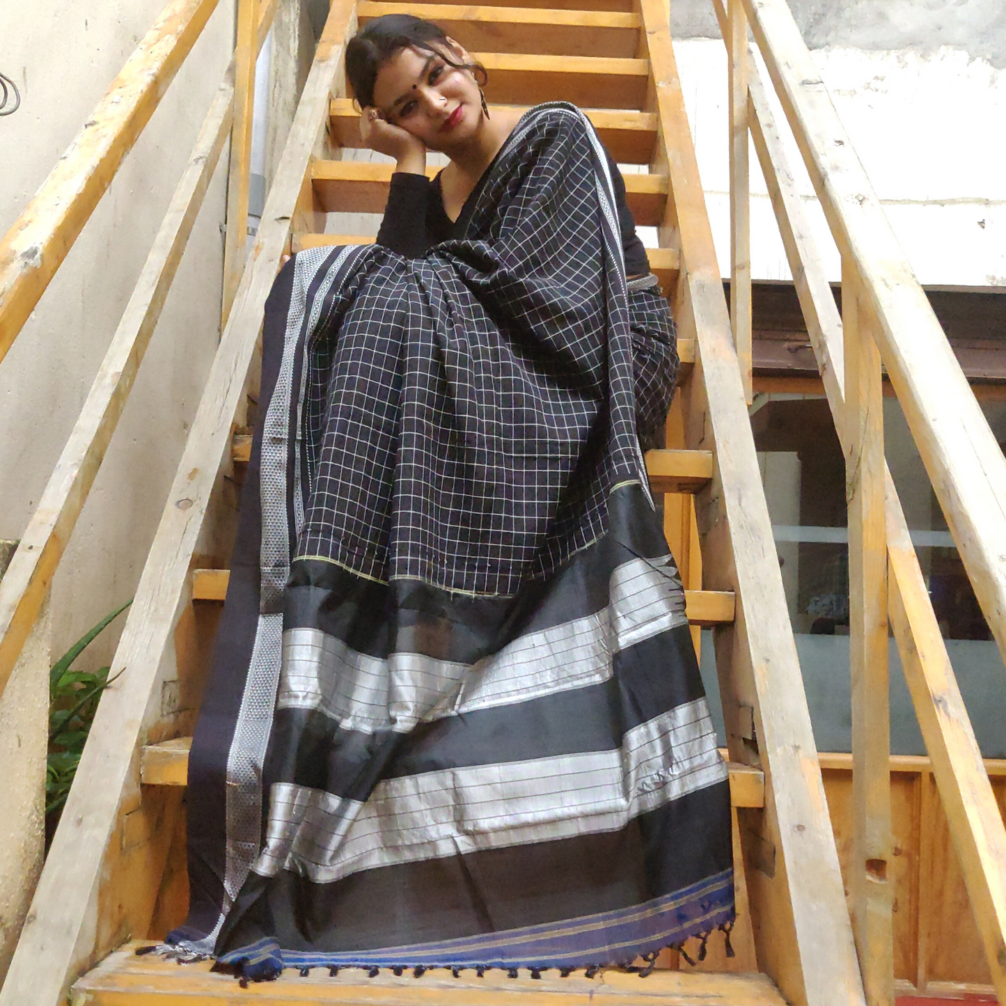 Pure Cotton Handloom Ilkal Saree with Silk Pallu - Black and Blue