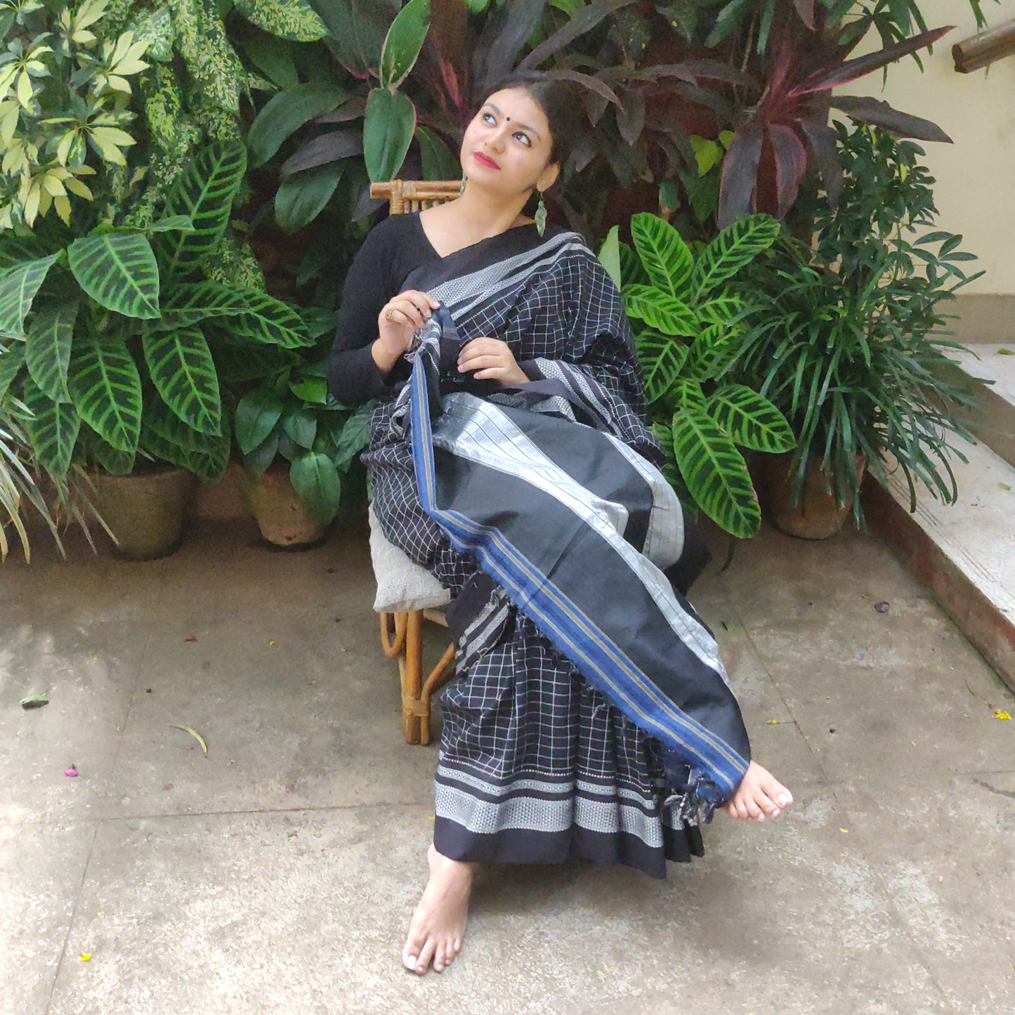 Pure Cotton Handloom Ilkal Saree with Silk Pallu - Black and Blue