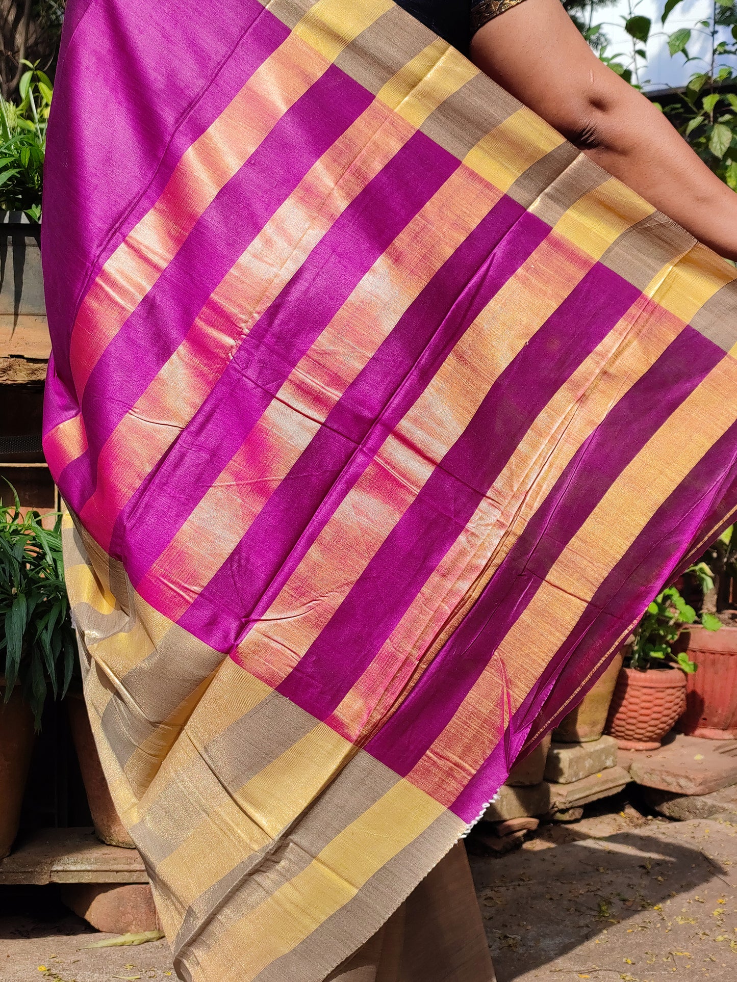 Gas Mercerised Cotton Saree - Gold & Purple Combo