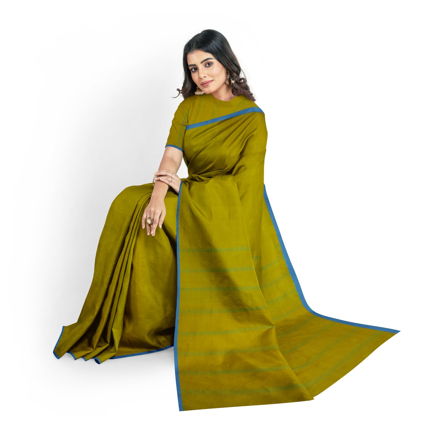 Maya - Green by Yellow body with Blue thin border and Pallu Pure Cotton Handloom saree