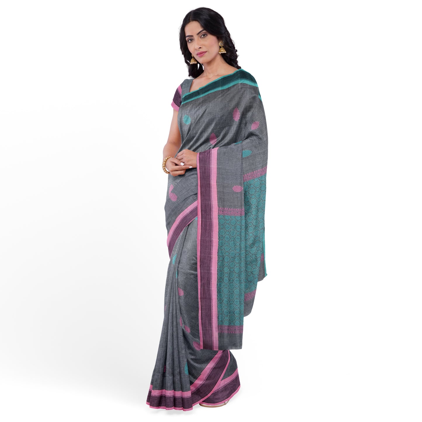 Antara - Grey body with Pink and Sea Green Buta and Pallu Pure Cotton Handloom Saree