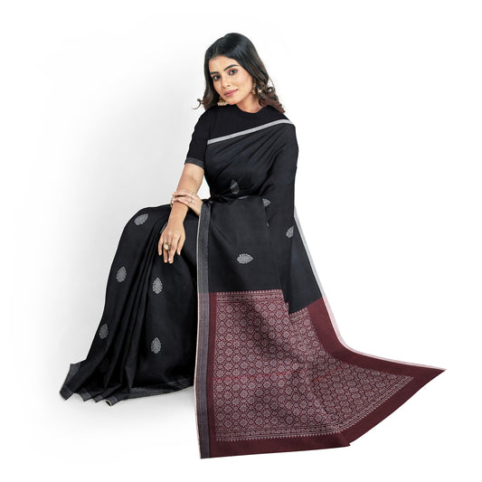 Antara Pure Cotton Handloom Saree - White butta on Black body with Maroon pallu