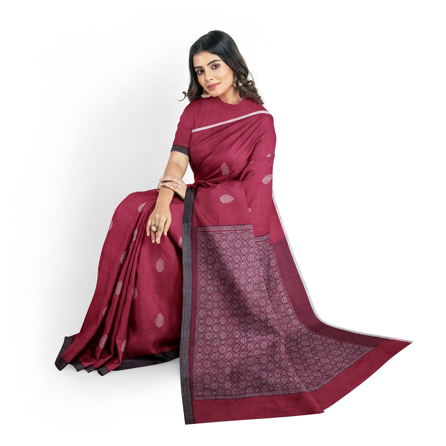 Antara Pure Cotton Handloom Saree - White buta on Dark Red body with Maroon pallu
