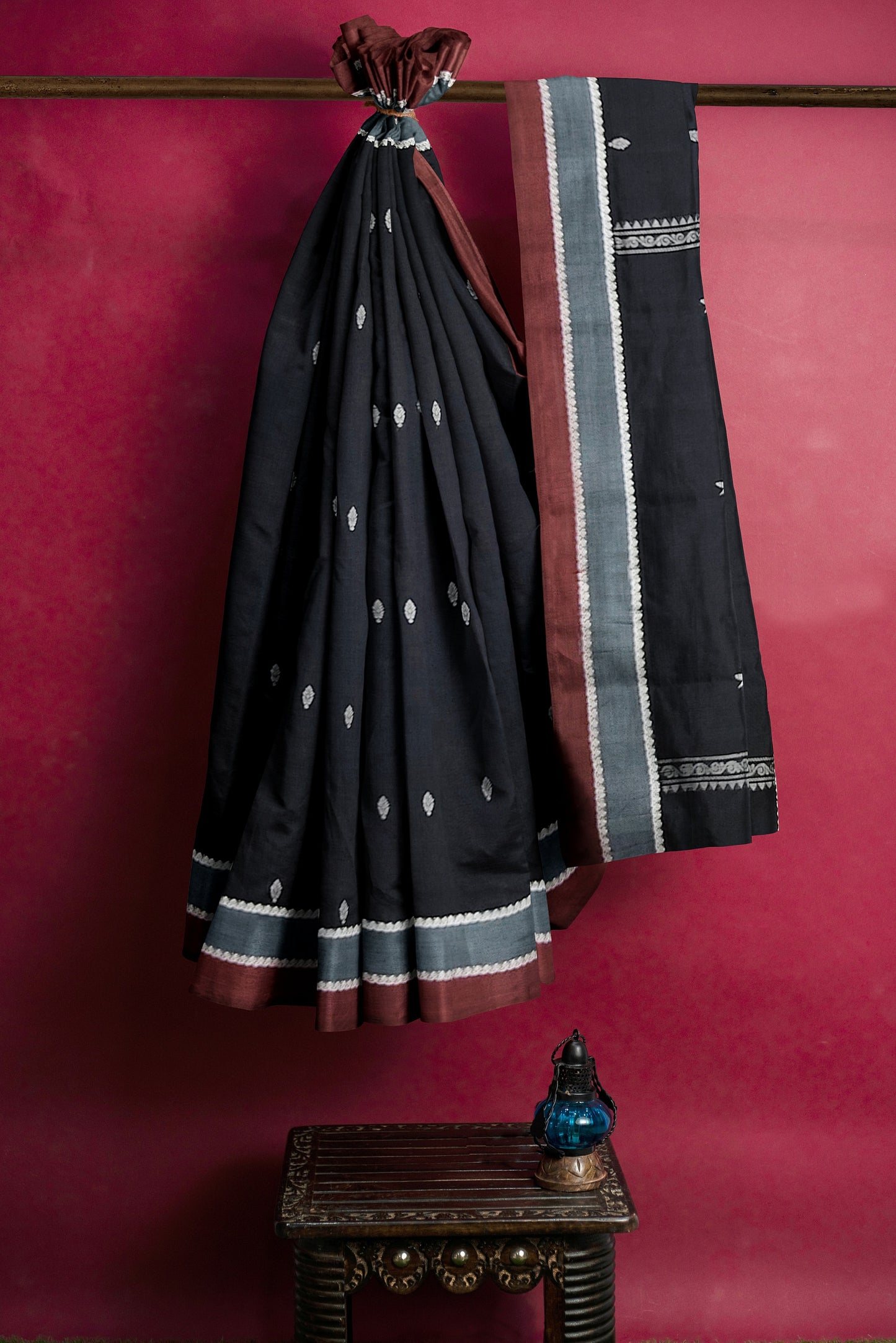 Kavya - Black body with White floral Buta and Double Border Pure Cotton Handloom Saree