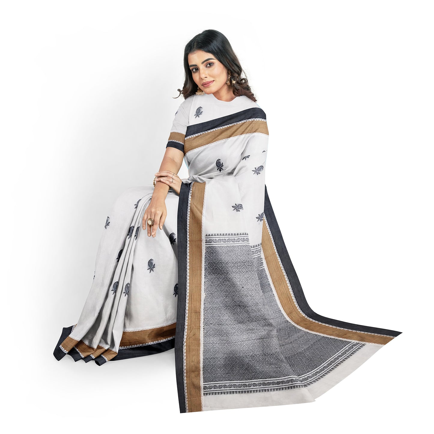 Kavya - White body with Black Parrot Buta and Double Border Pure Cotton Handloom Saree