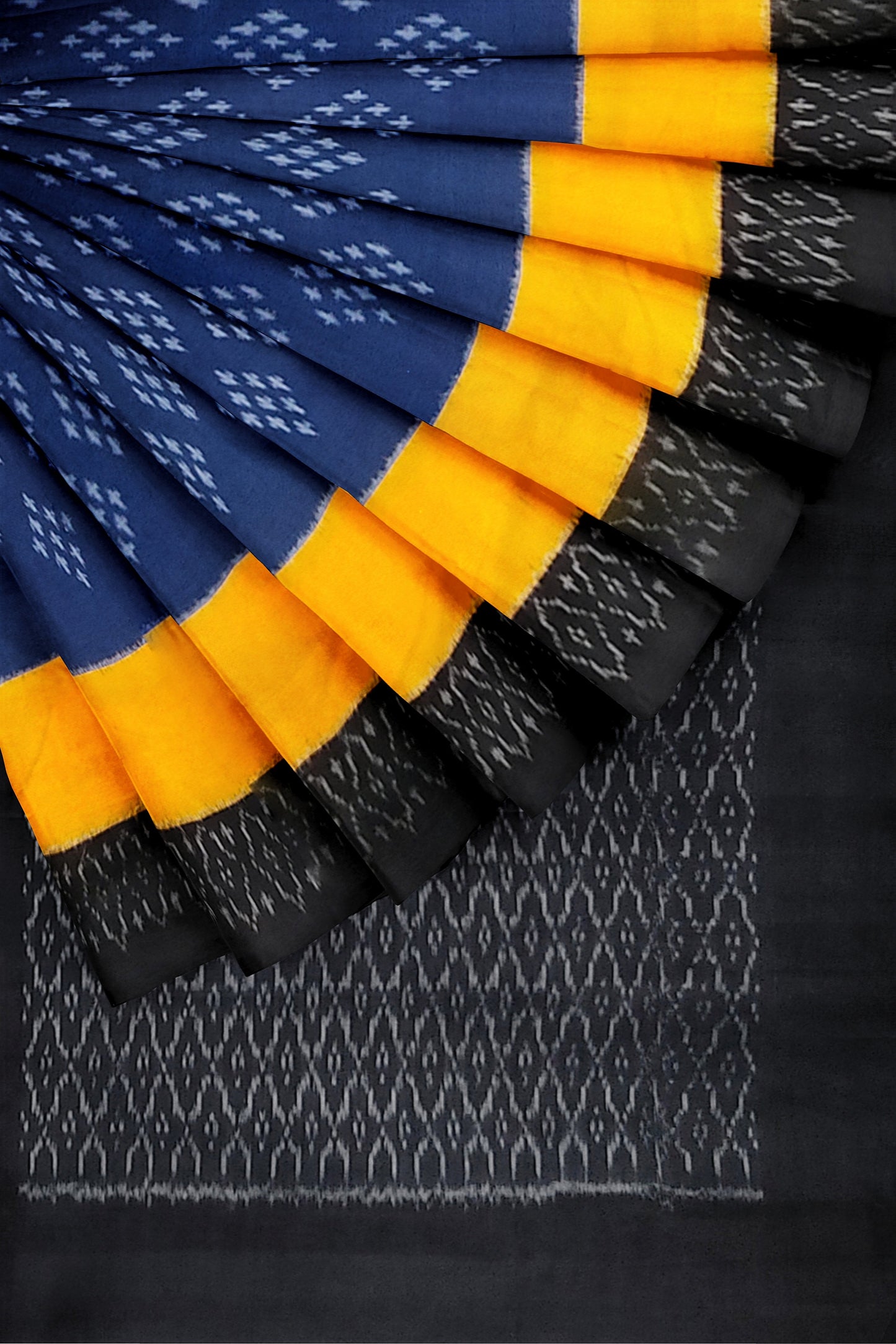 Ikat Mercerised Cotton Saree - Blue body with Yellow and black border
