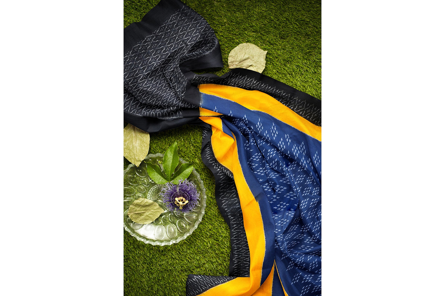 Ikat Mercerised Cotton Saree - Blue body with Yellow and black border