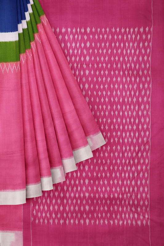 Ikat Mercerised Cotton Saree - Pink body with Pink Body with White, Blue and Green colors in border