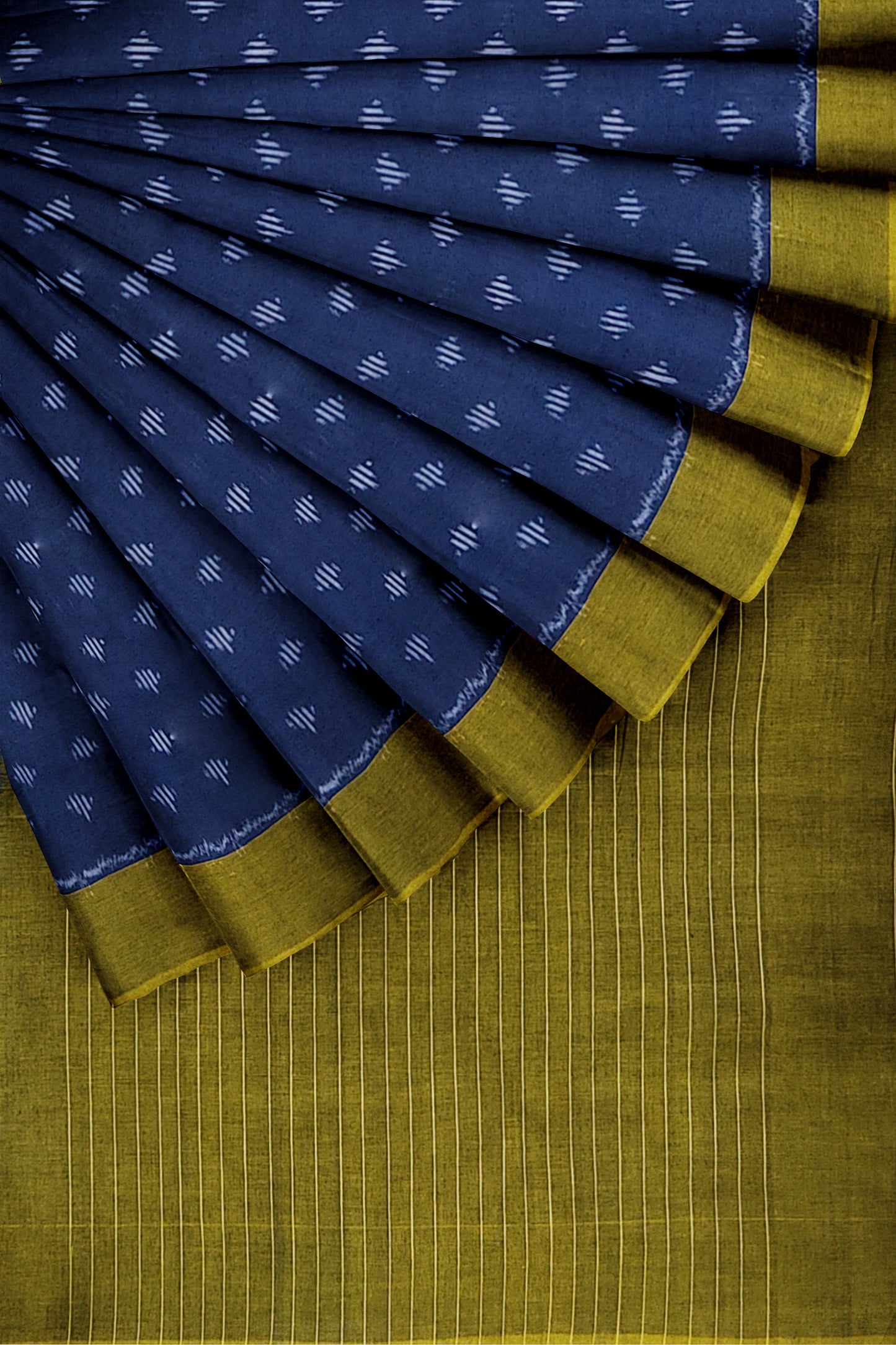 Ikat Mercerised Cotton Saree - Indigo Blue body with Mehandi Green striped pallu and border