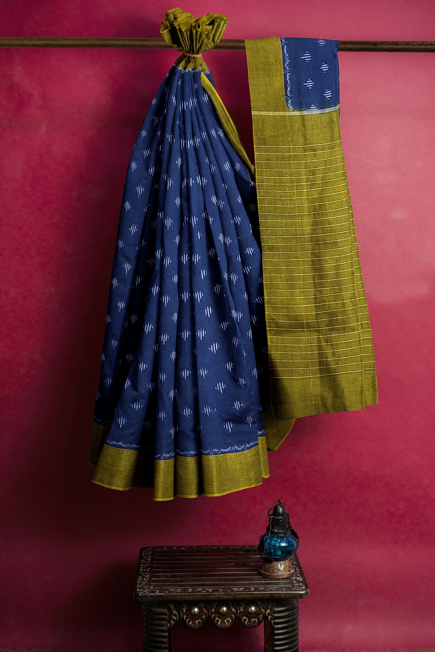 Ikat Mercerised Cotton Saree - Indigo Blue body with Mehandi Green striped pallu and border