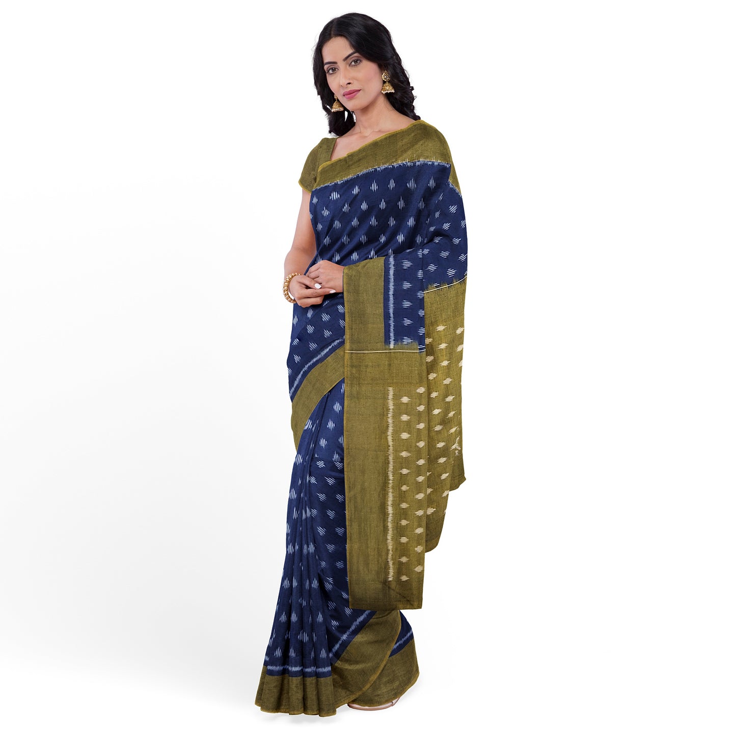 Ikat Mercerised Cotton Saree - Dark Blue body with Mehandi Green Pallu and Border