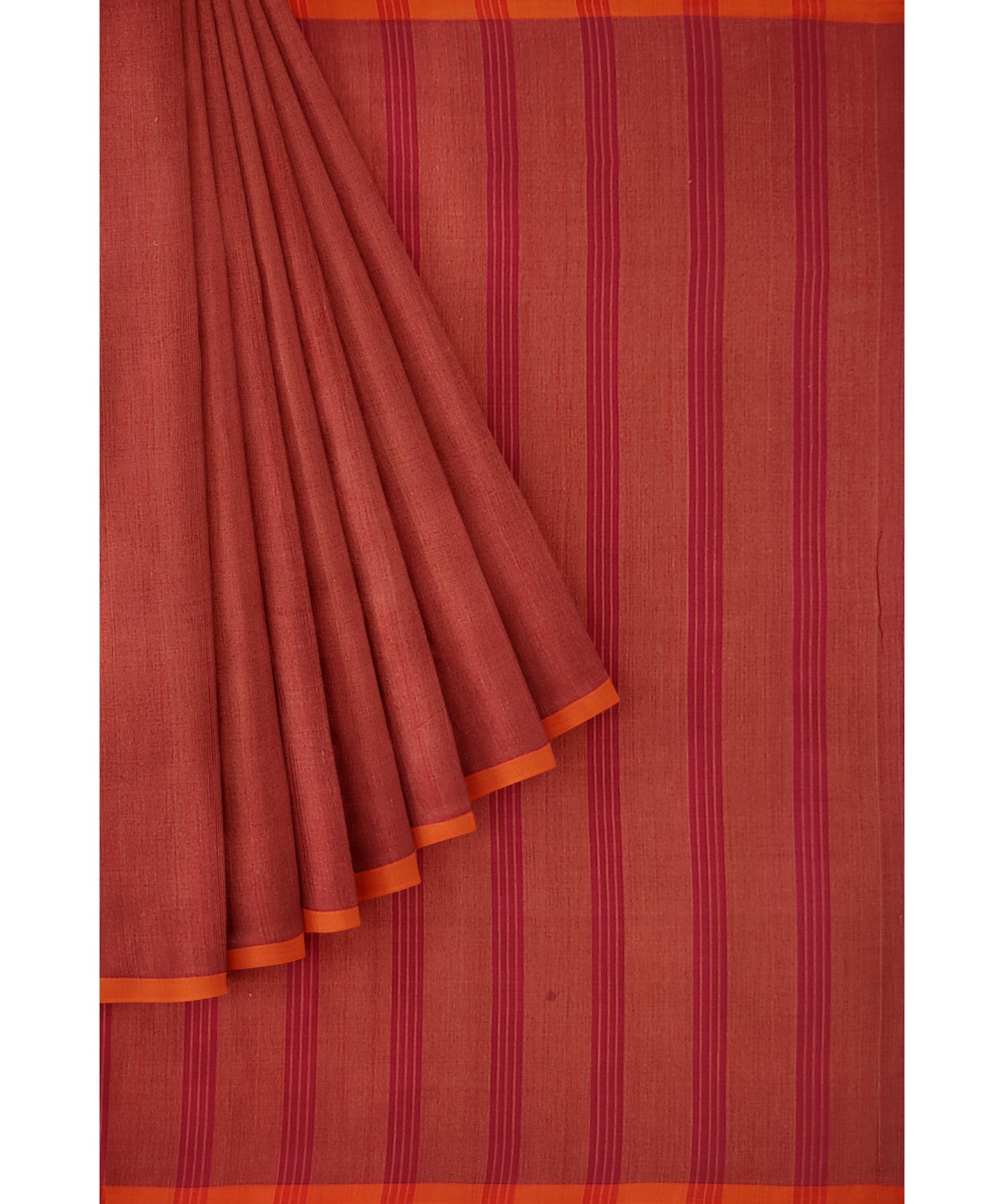 Kabini - Rust body with orange thin border and maroon stripped Pallu Pure Cotton Handloom saree