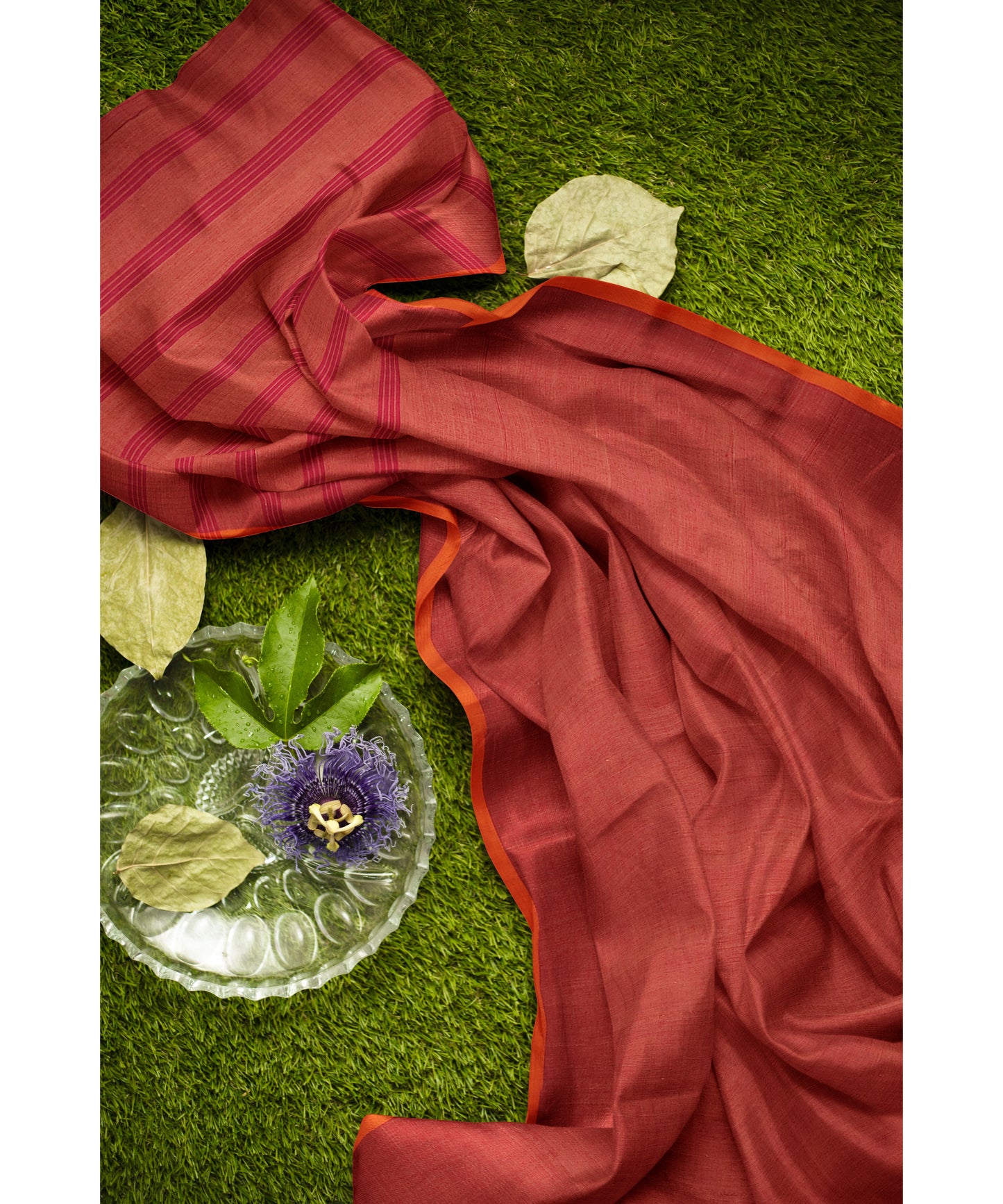 Kabini - Rust body with orange thin border and maroon stripped Pallu Pure Cotton Handloom saree