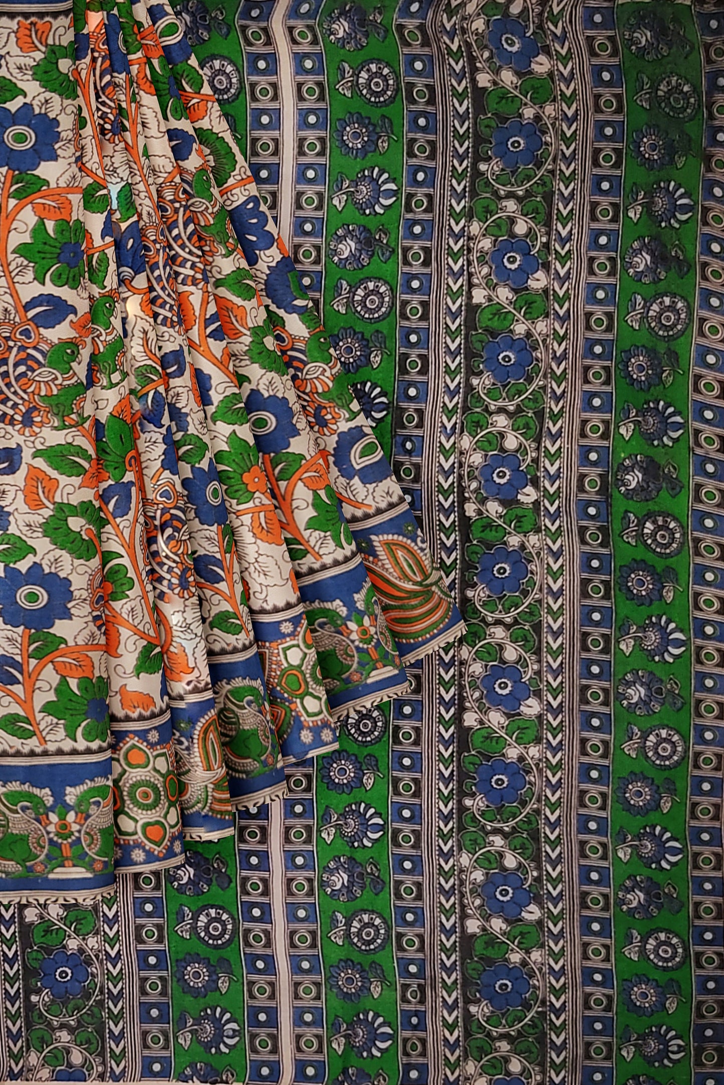 Kalamkari Pure Cotton Hand Block Printed Saree - White saree with Blue border
