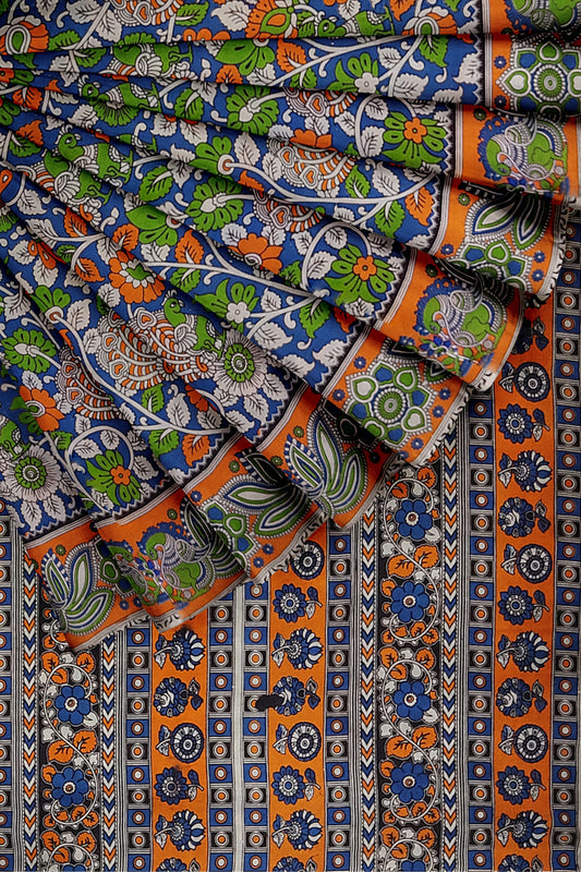 Kalamkari Pure Cotton Hand Block Printed Saree - Blue saree with an Orange border