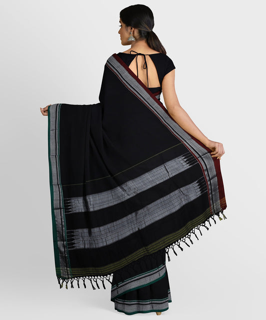 Pure Cotton Handloom Ilkal Saree with Silk Pallu - Black body with Ganga Jamuna Border freeshipping - Shreni Samudaya