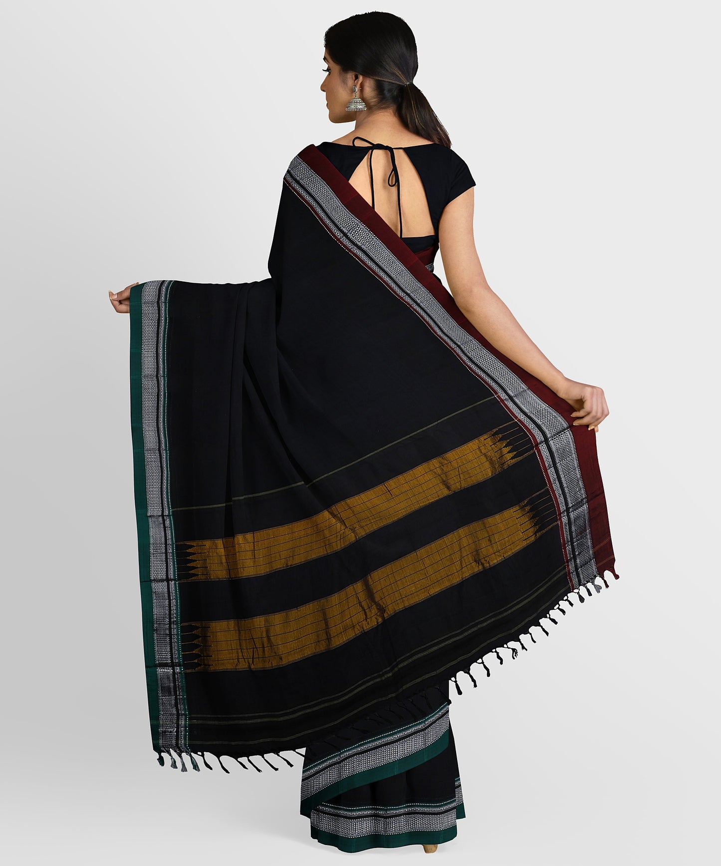Pure Cotton Handloom Ilkal Saree with Silk Pallu - Black with Ganga Jamuna Border freeshipping - Shreni Samudaya