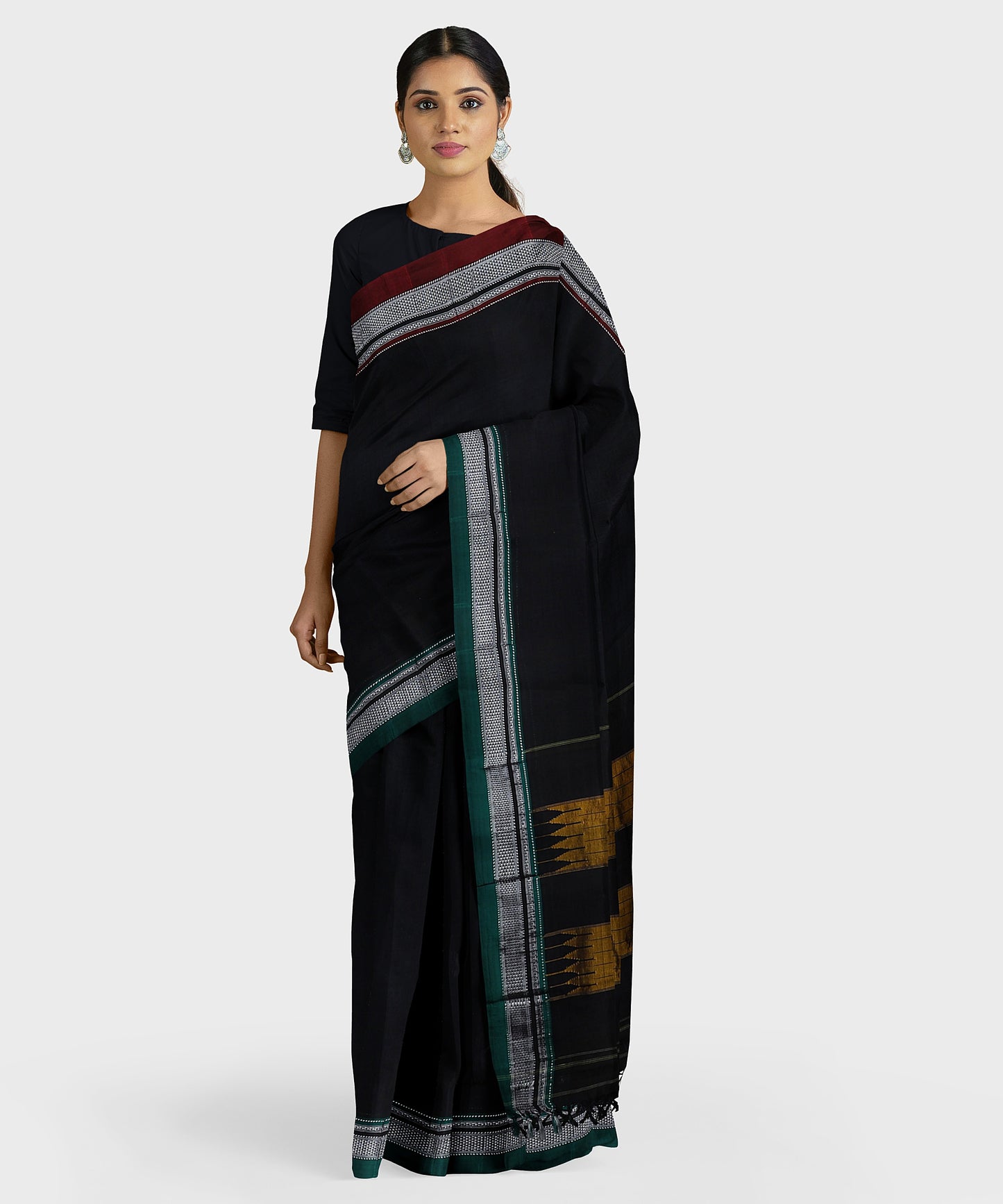 Pure Cotton Handloom Ilkal Saree with Silk Pallu - Black with Ganga Jamuna Border freeshipping - Shreni Samudaya