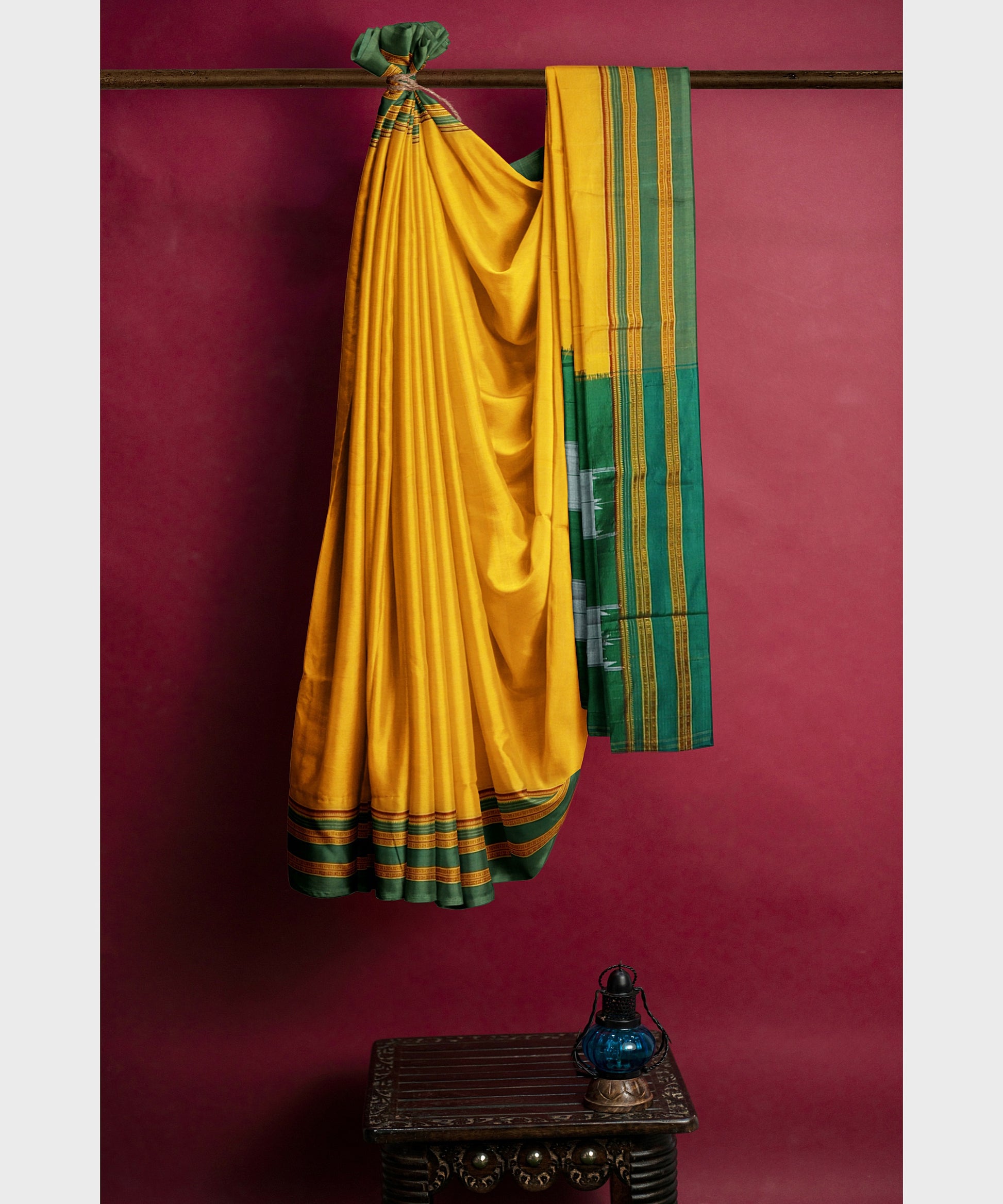 Pure Cotton Handloom Ilkal Saree with Silk Pallu - Yellow and Green freeshipping - Shreni Samudaya