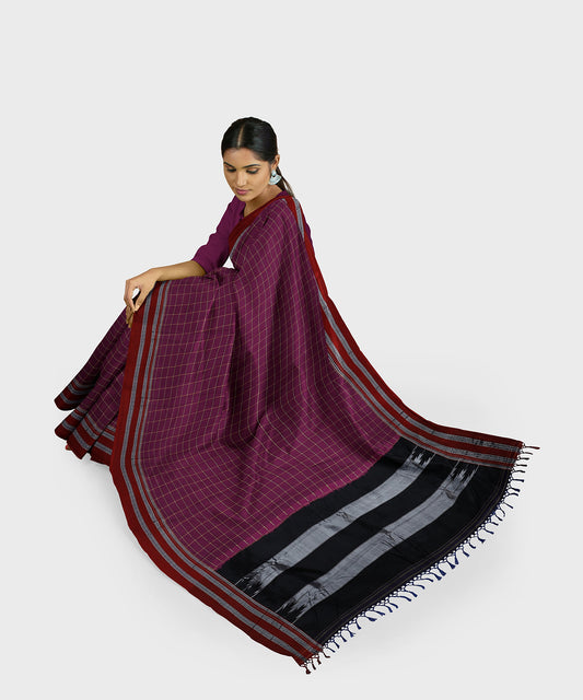 Pure Cotton Handloom Ilkal Saree with Silk Pallu - Light Purple Checkered Body with Black Pallu freeshipping - Shreni Samudaya