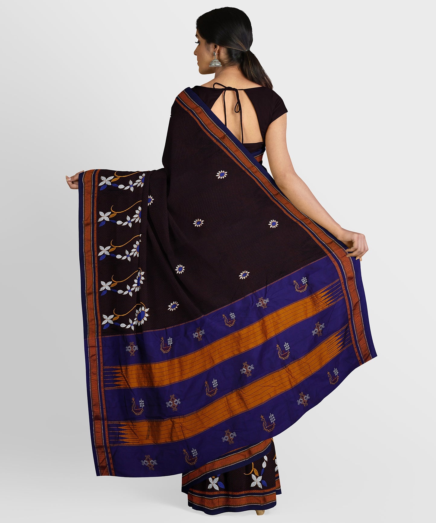 Khana Saree with Nath Embroidery - Coffee Brownbody with Blue and Orange Topi Teni Pallu freeshipping - Shreni Samudaya