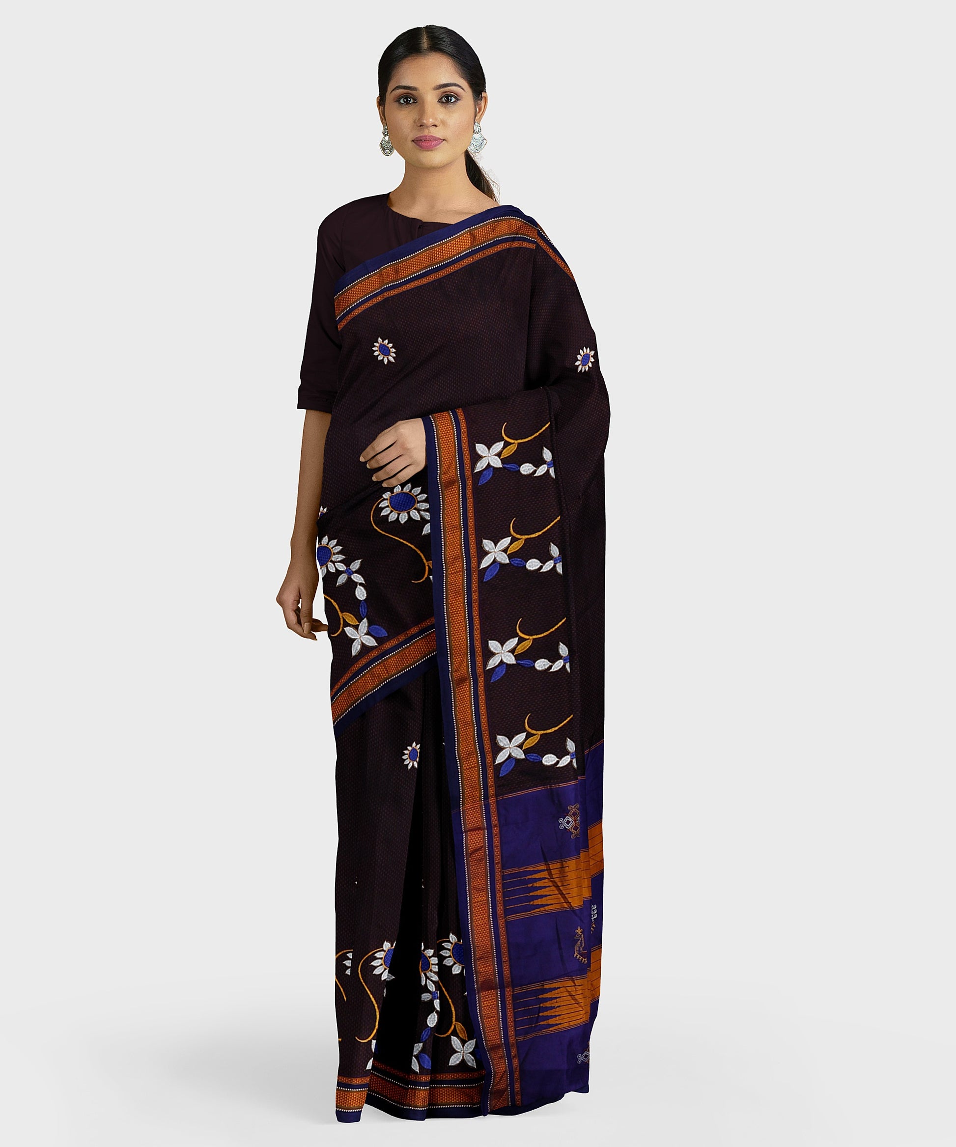 Khana Saree with Nath Embroidery - Coffee Brownbody with Blue and Orange Topi Teni Pallu freeshipping - Shreni Samudaya